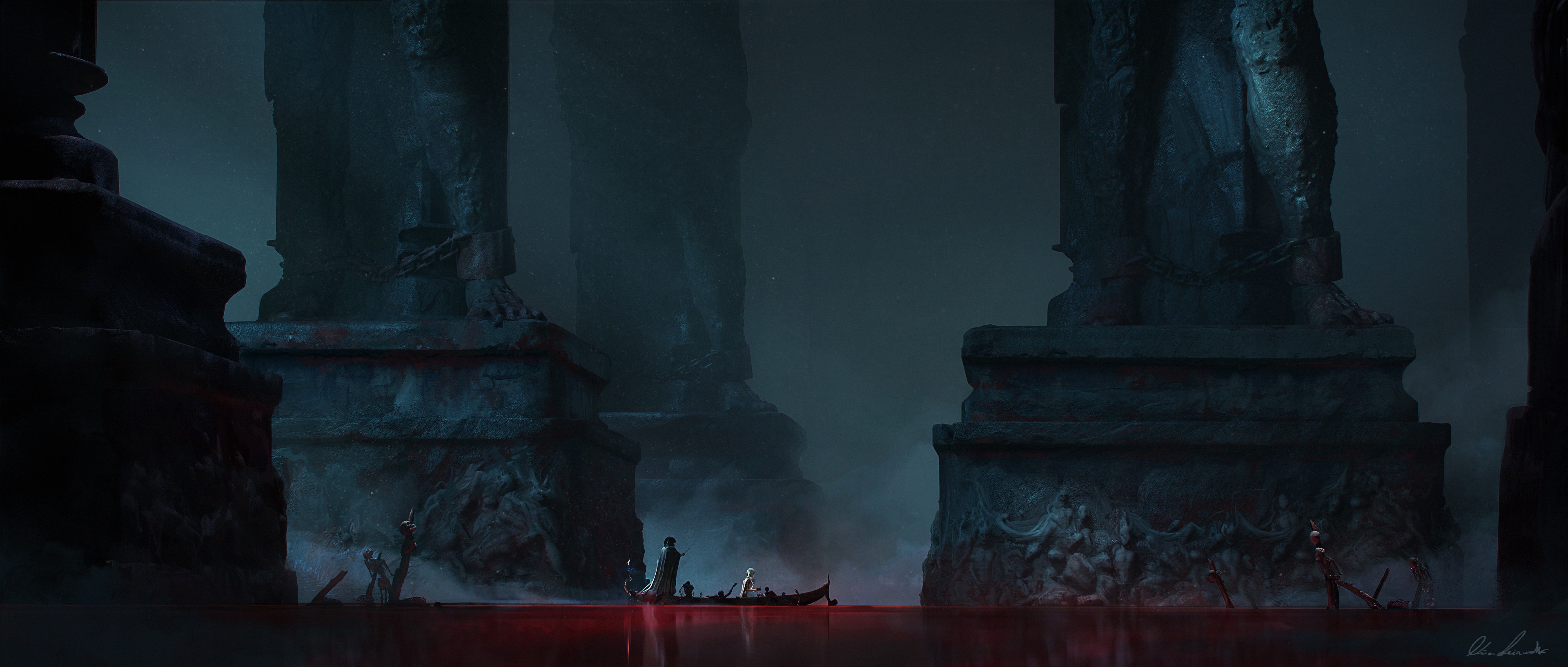4K fantasy art of ruins with a rowboat HD Wallpaper