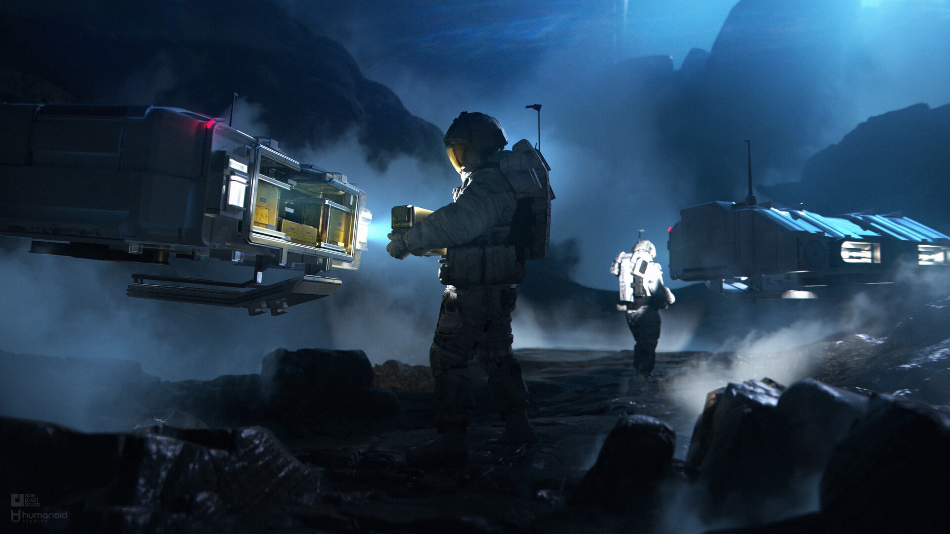 Astronauts working near a spaceship on an alien planet HD Wallpaper