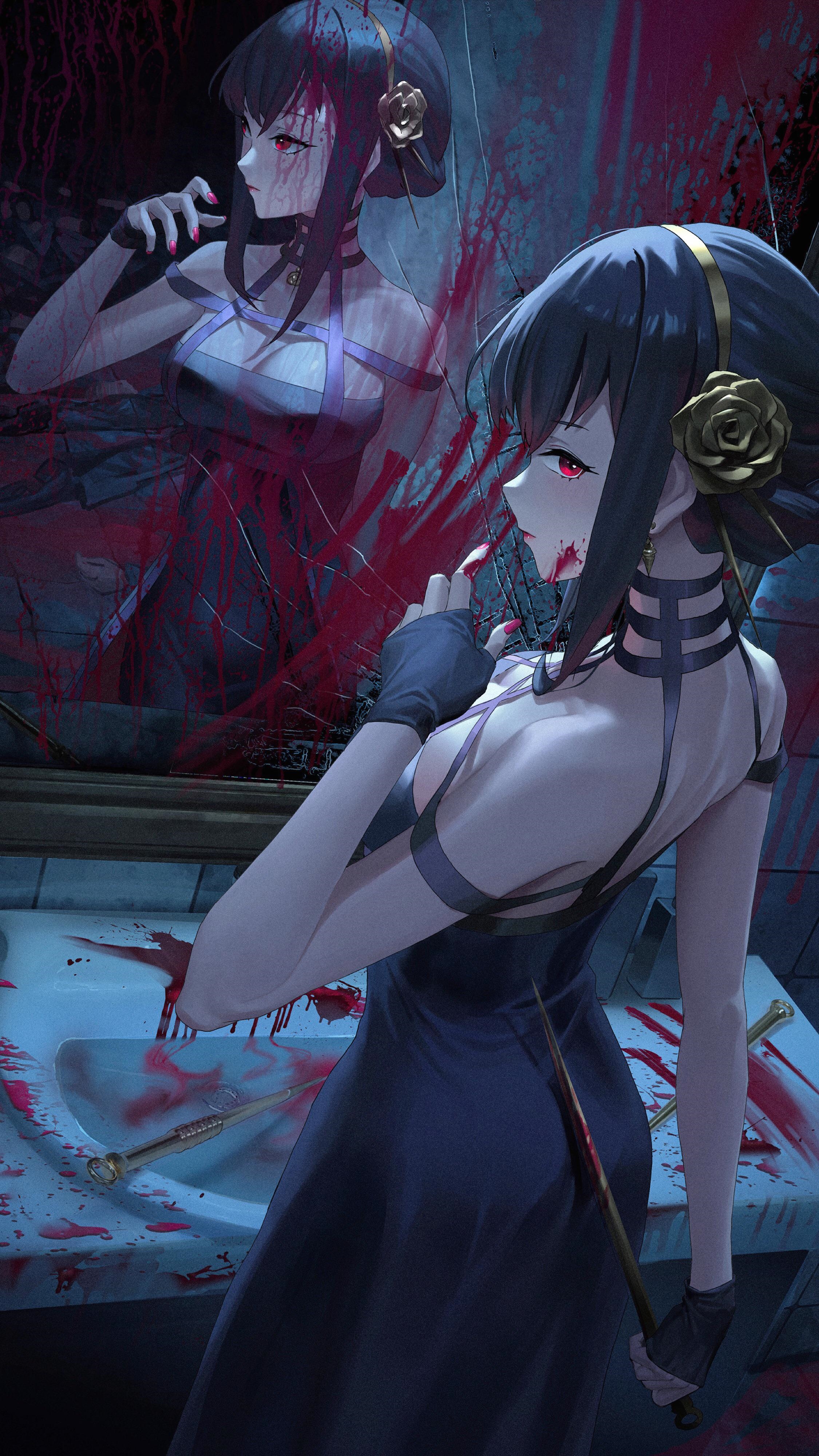 Yor Forger covered in blood with a knife HD Phone Wallpaper