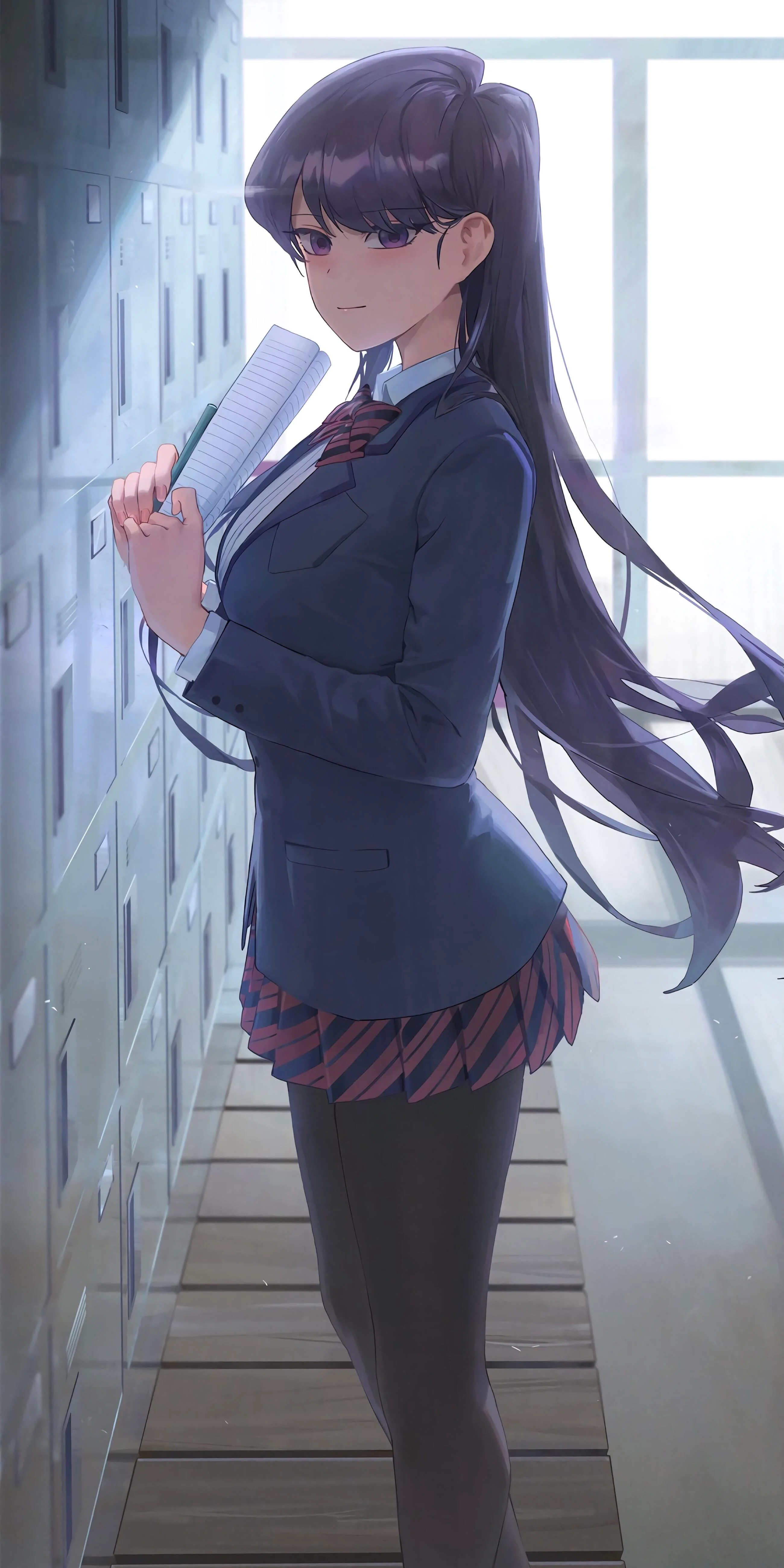 Shoko Komi in a school uniform holding a notebook HD Phone Wallpaper