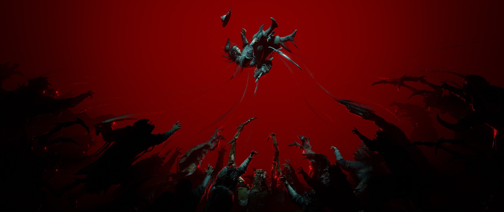 Fantasy men falling into abyss with red background HD Wallpaper