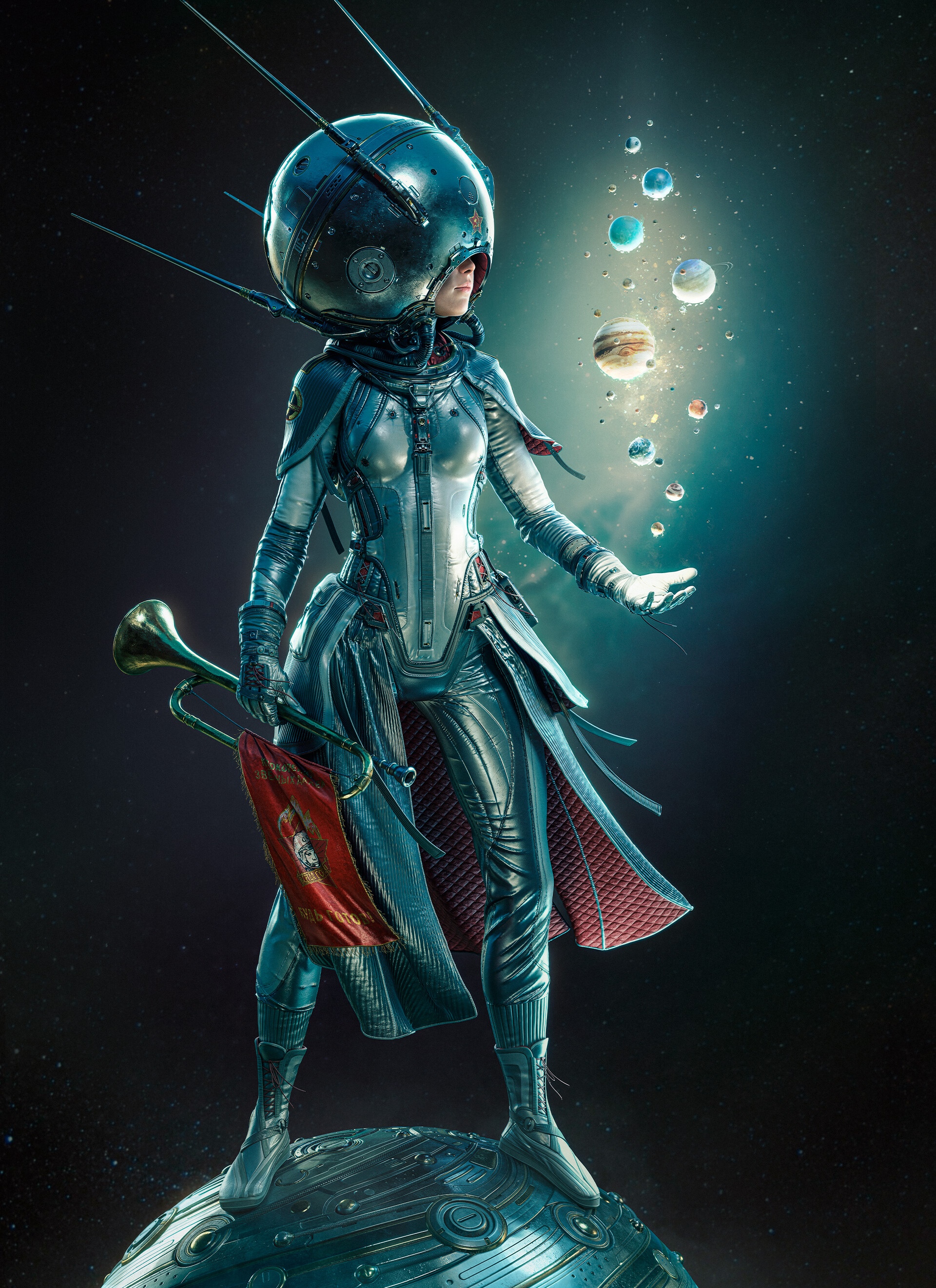 Woman in Space Suit Holding Trumpet with Planets HD Phone Wallpaper