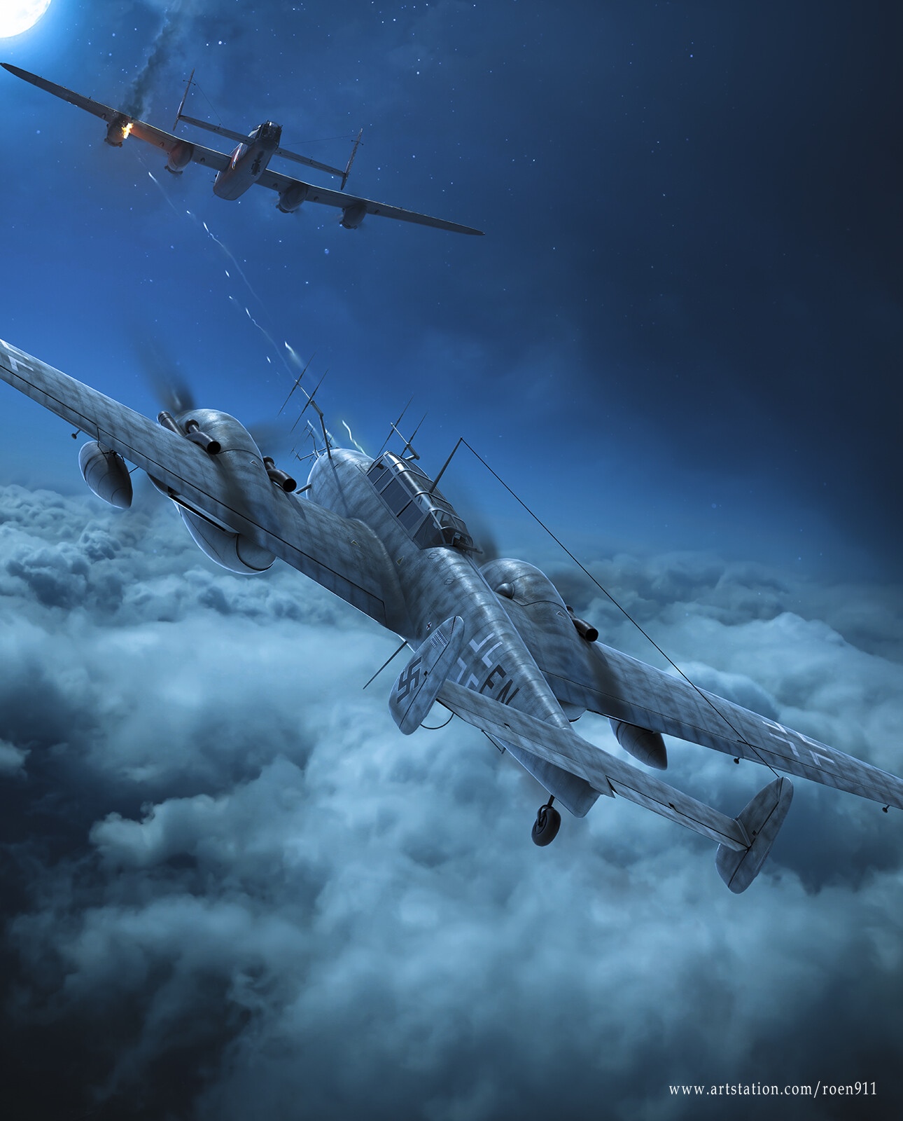 Messerschmitt Bf 110s in Night Combat HD Phone Wallpaper