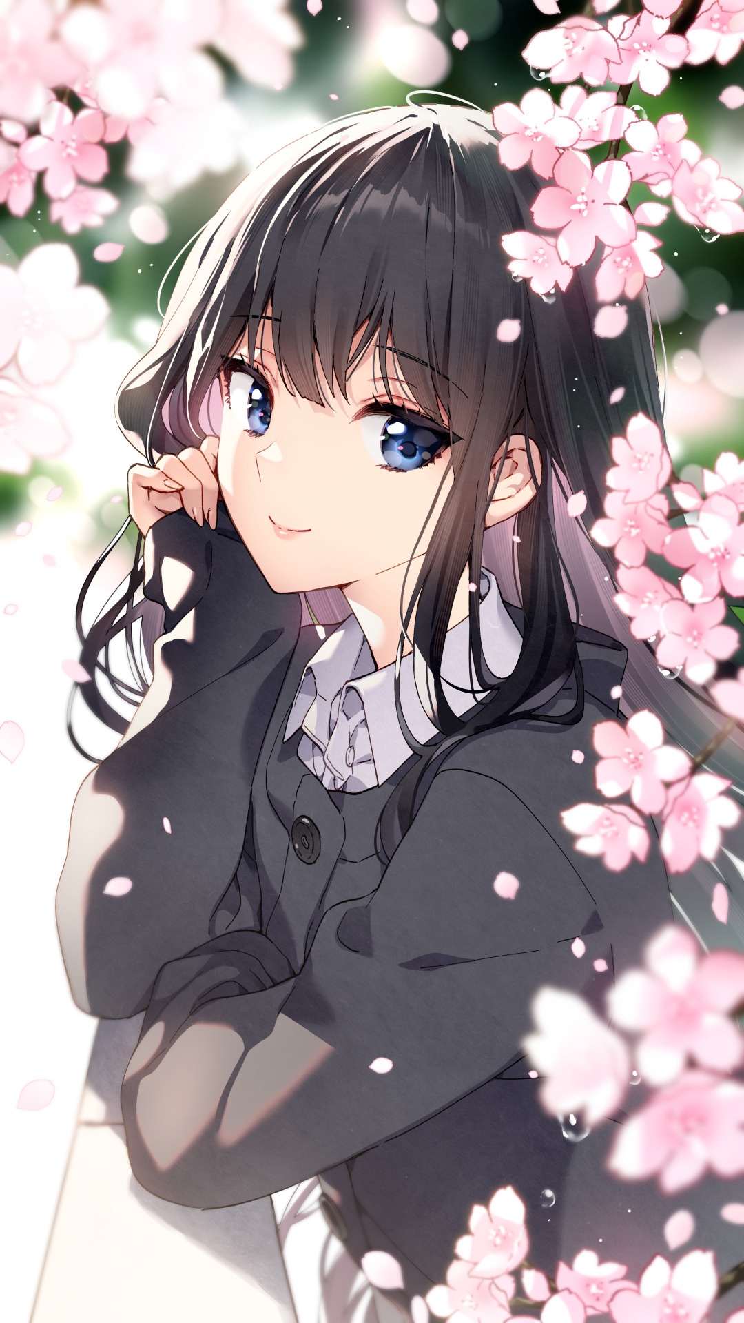 Girl with blue eyes and cherry blossoms HD Phone Wallpaper