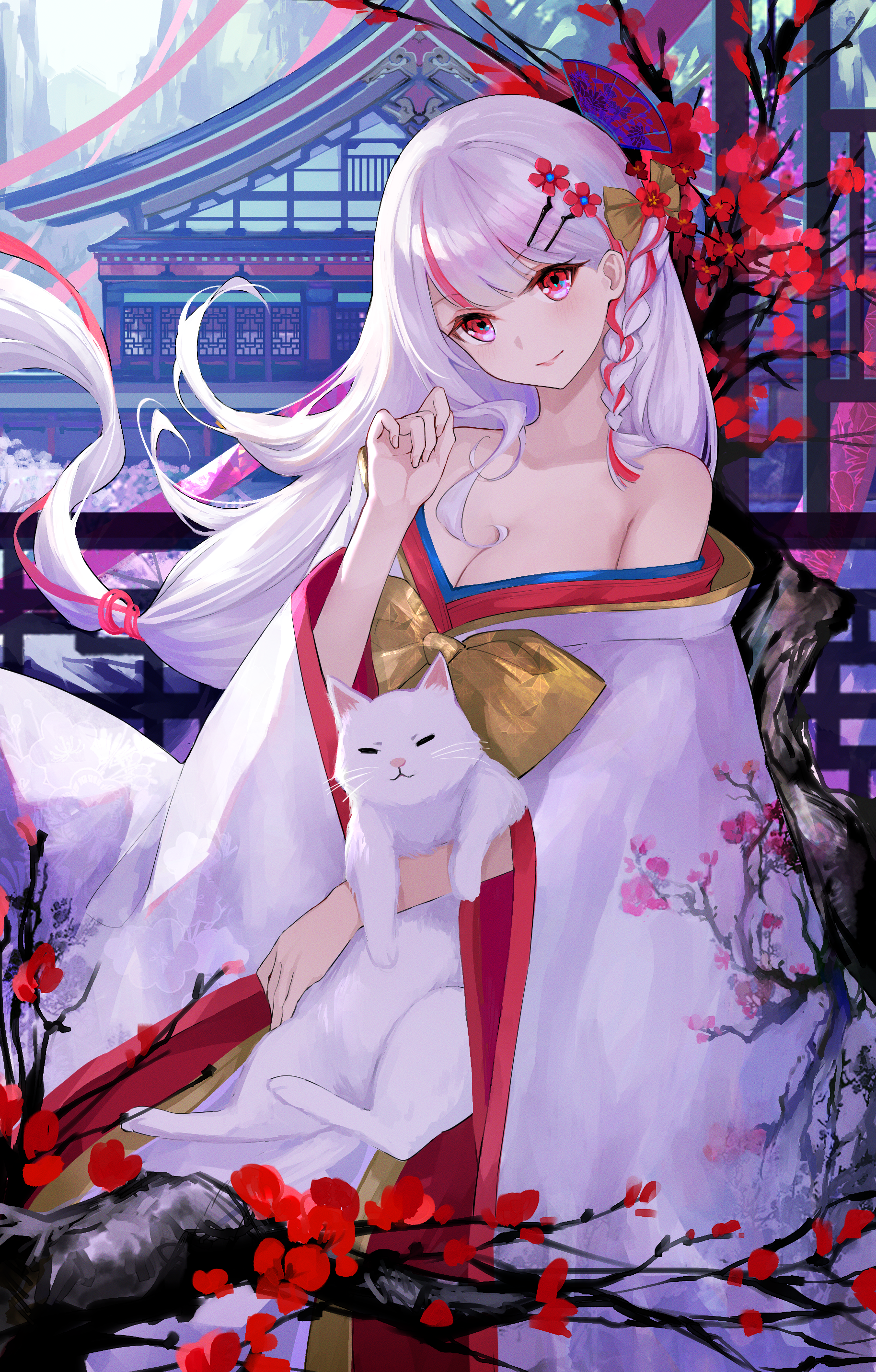 Anime girl with silver hair holding a white cat HD Phone Wallpaper