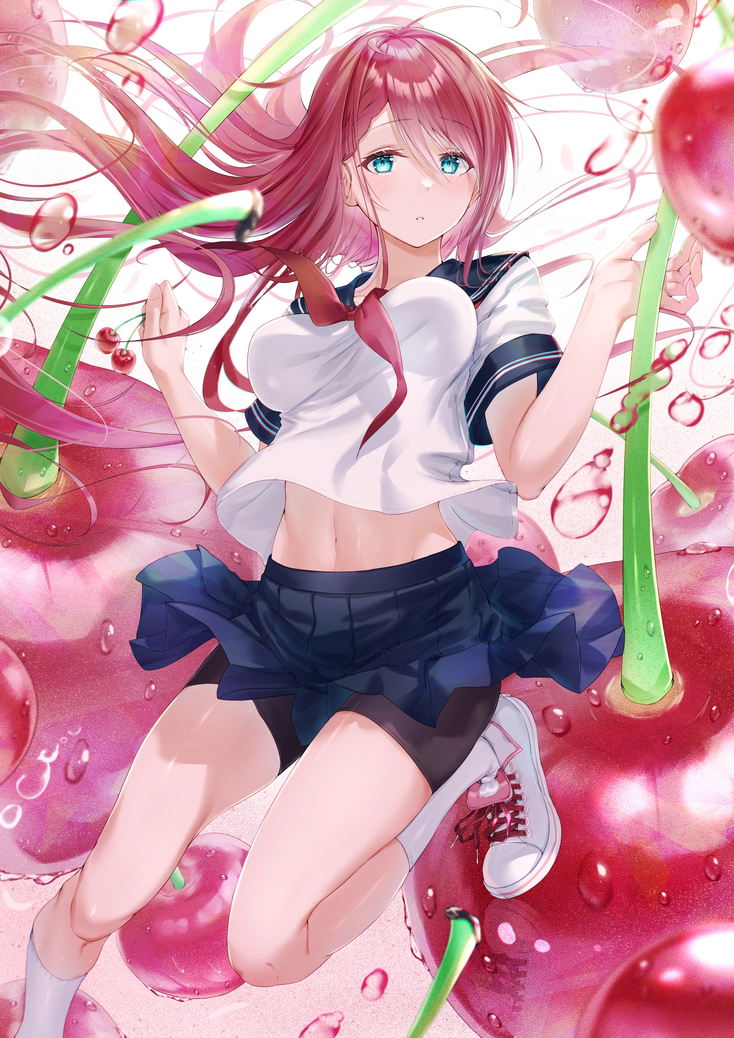 Anime schoolgirl with pink hair and cherries HD Phone Wallpaper