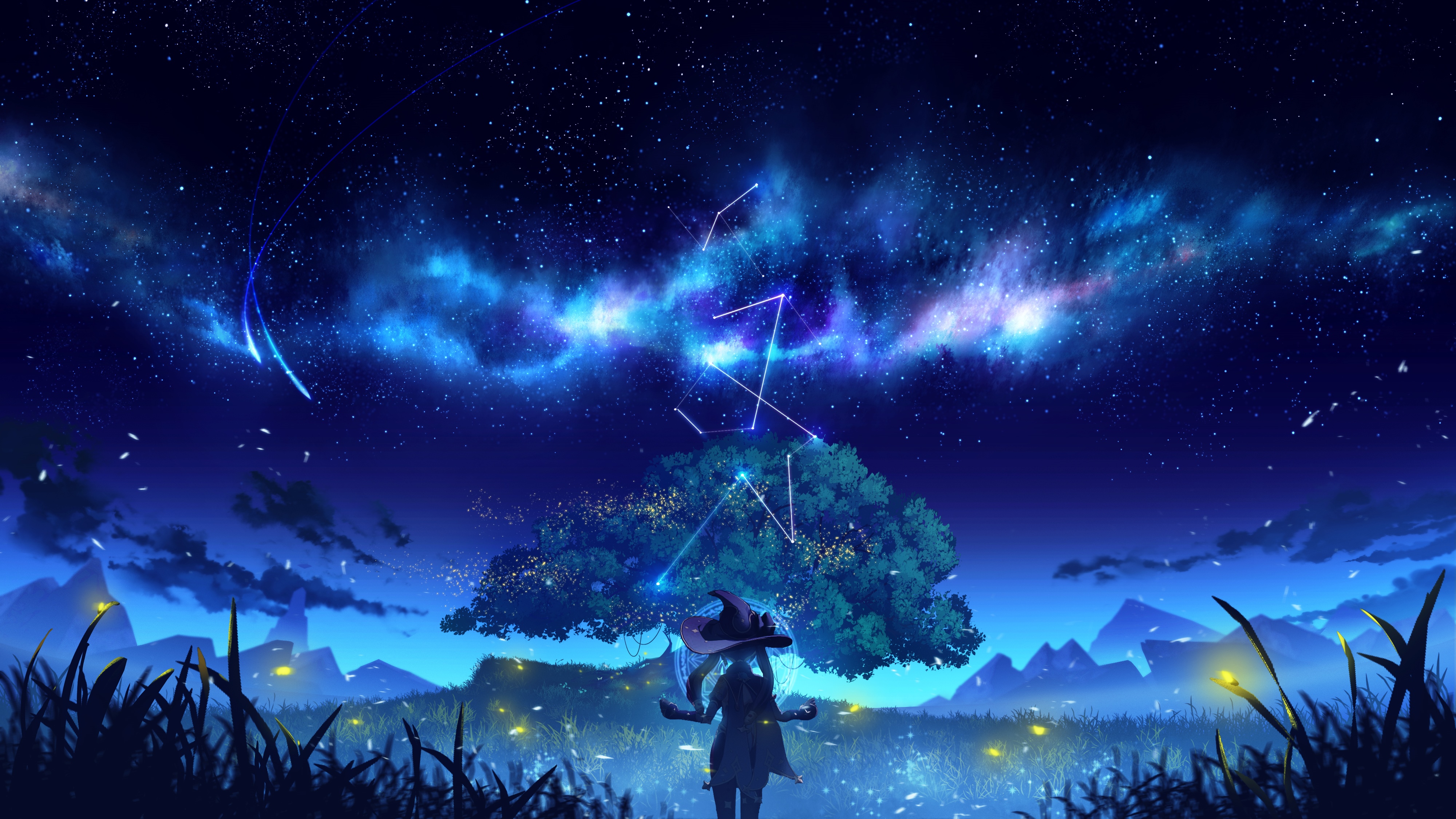Mona under the starry sky with constellations HD Wallpaper