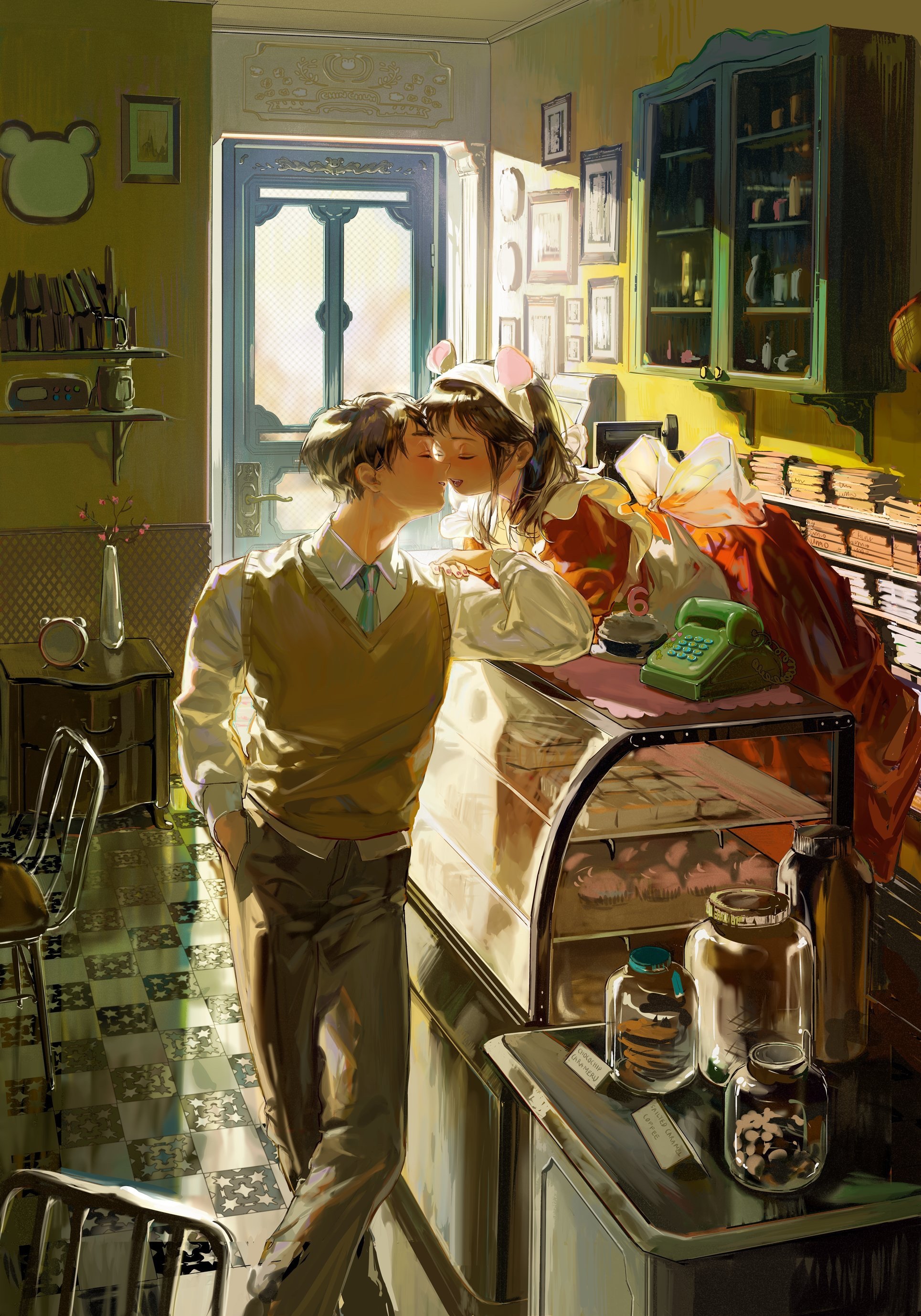Anime couple kissing in a cafe HD Phone Wallpaper