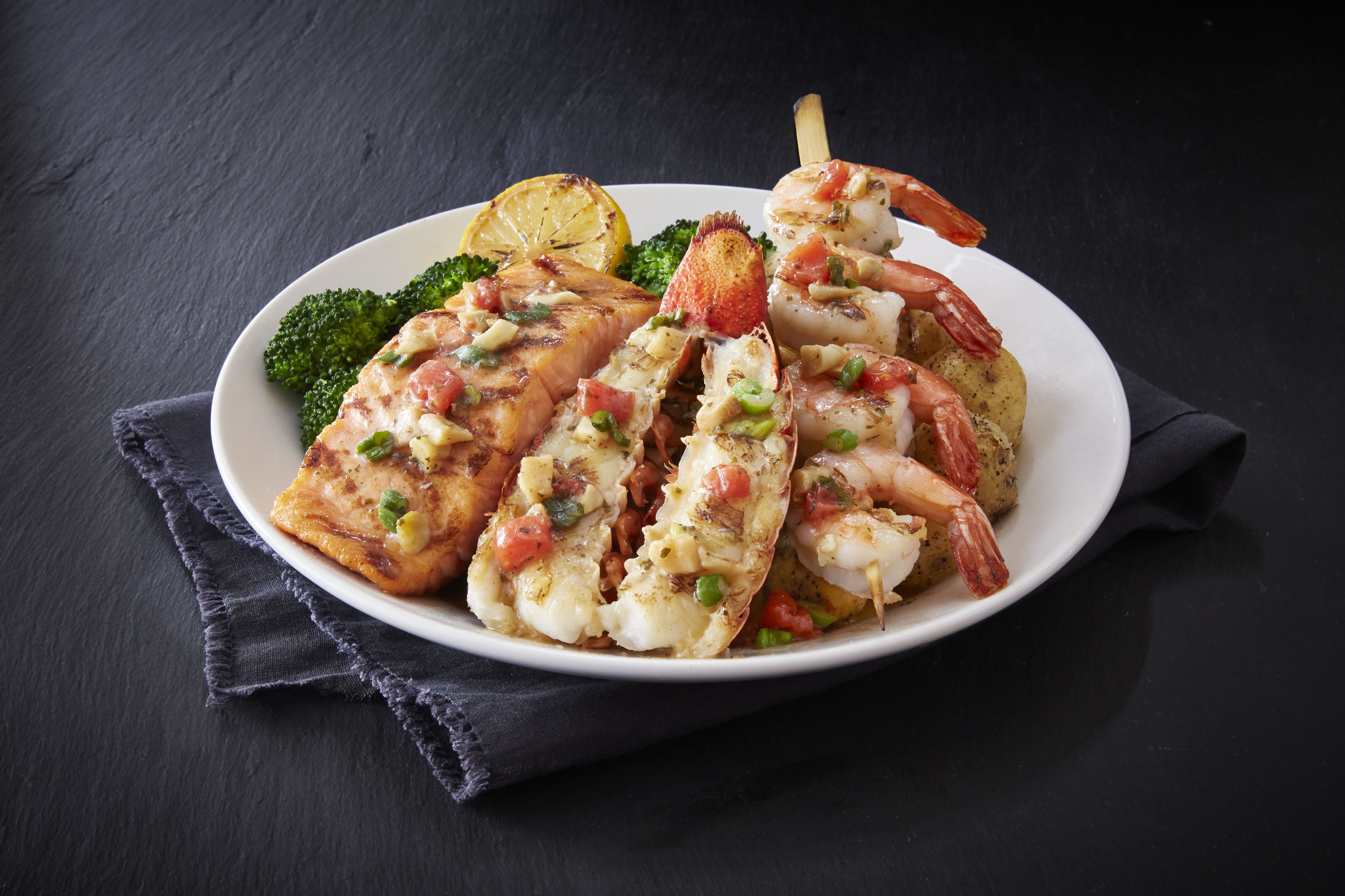 Grilled Salmon, Lobster Tail, and Shrimp Platter HD Wallpaper