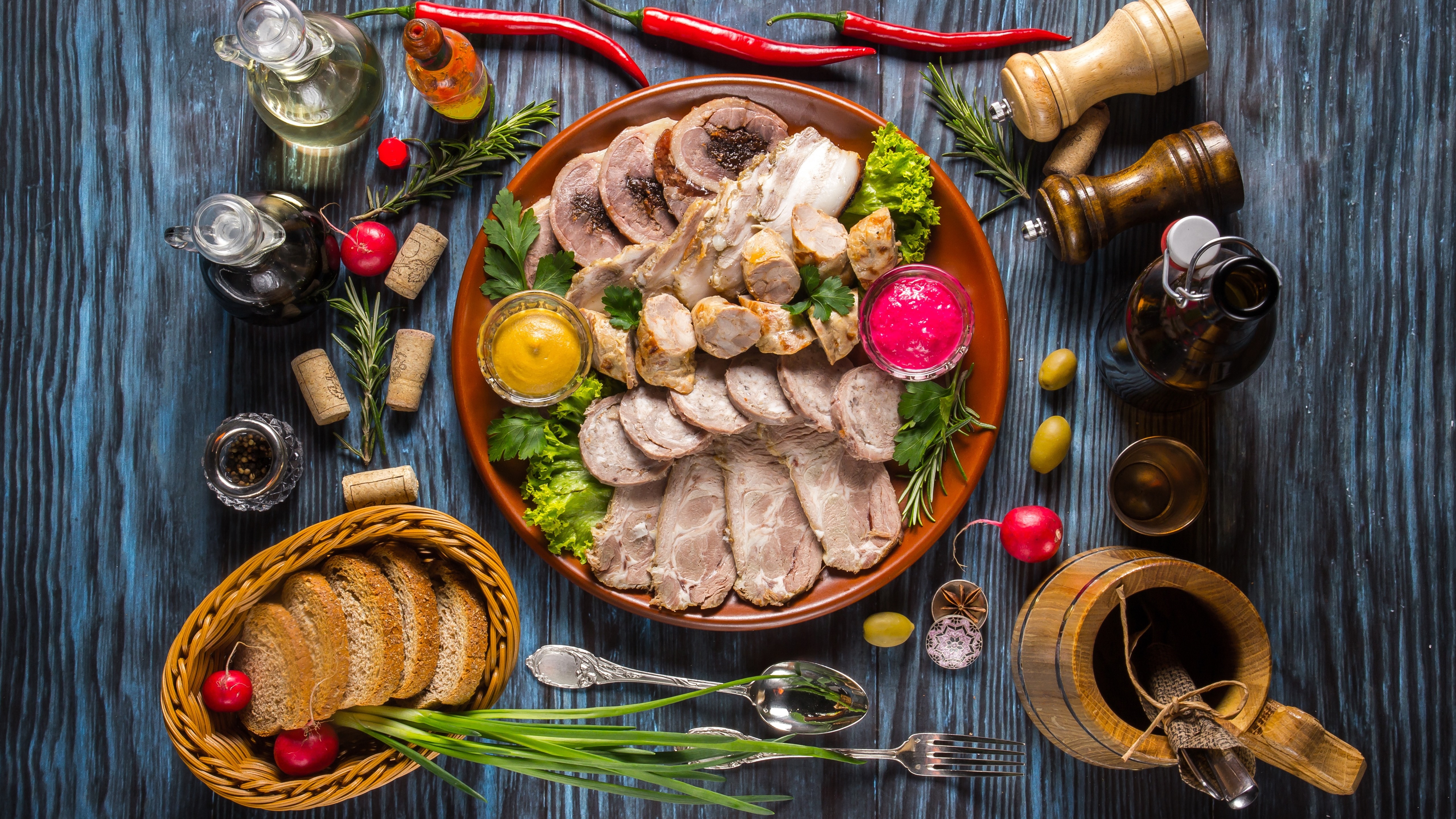 4K still life of a meat platter with condiments HD Wallpaper
