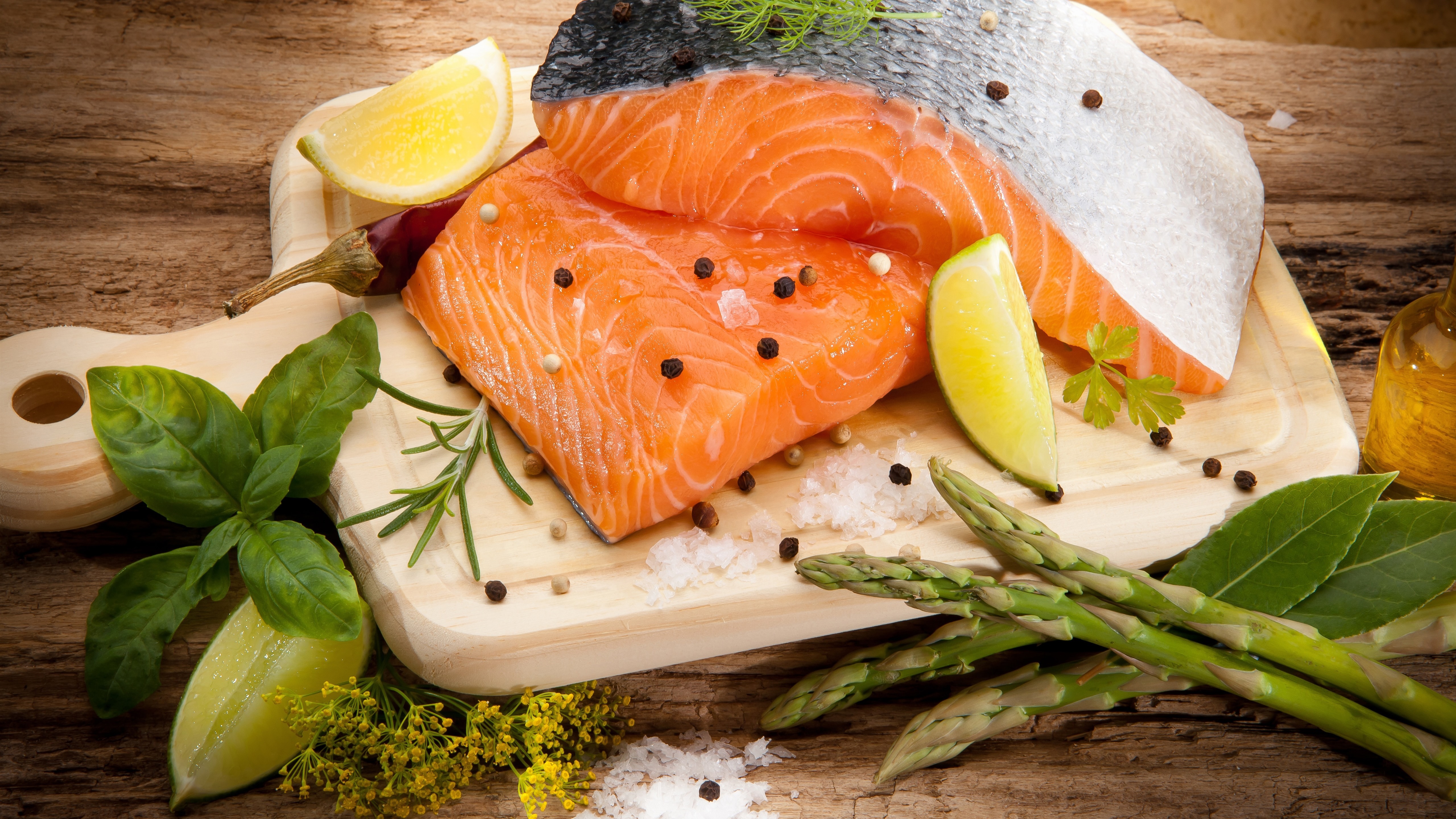 4K still life of salmon with ingredients HD Wallpaper