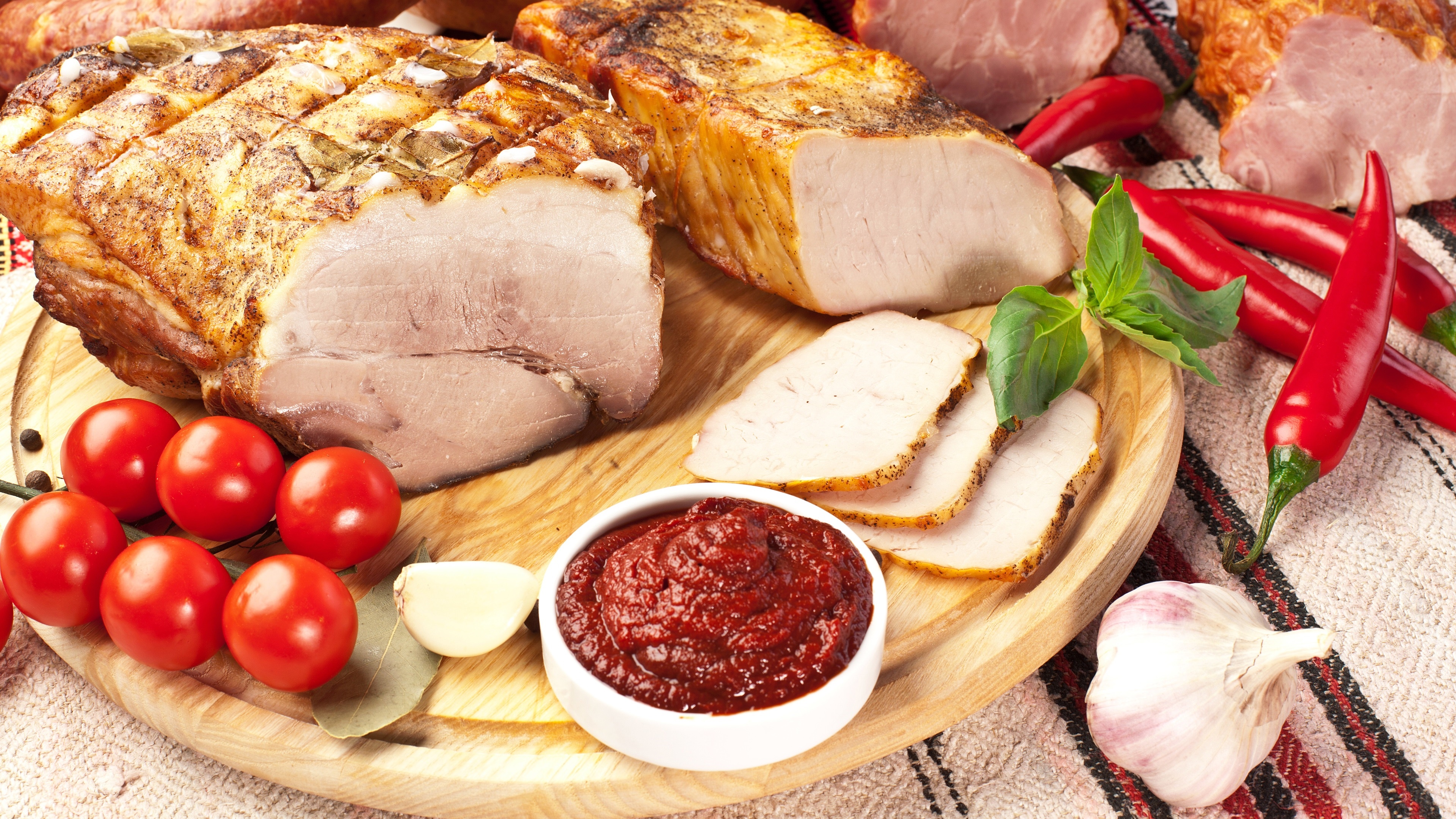 4K food still life with roasted meats and chili peppers HD Wallpaper