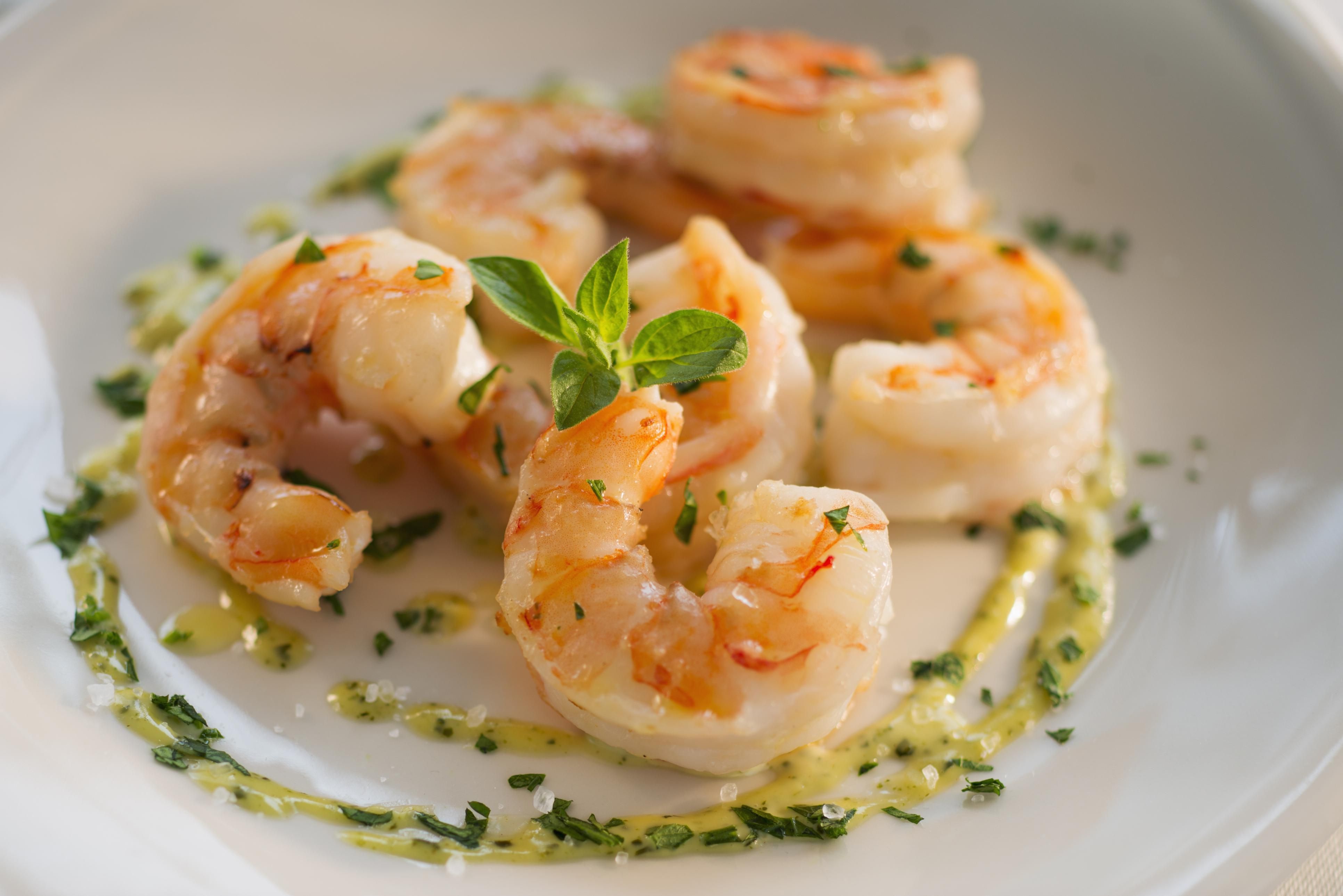 Still life of cooked shrimp with herbs and sauce HD Wallpaper
