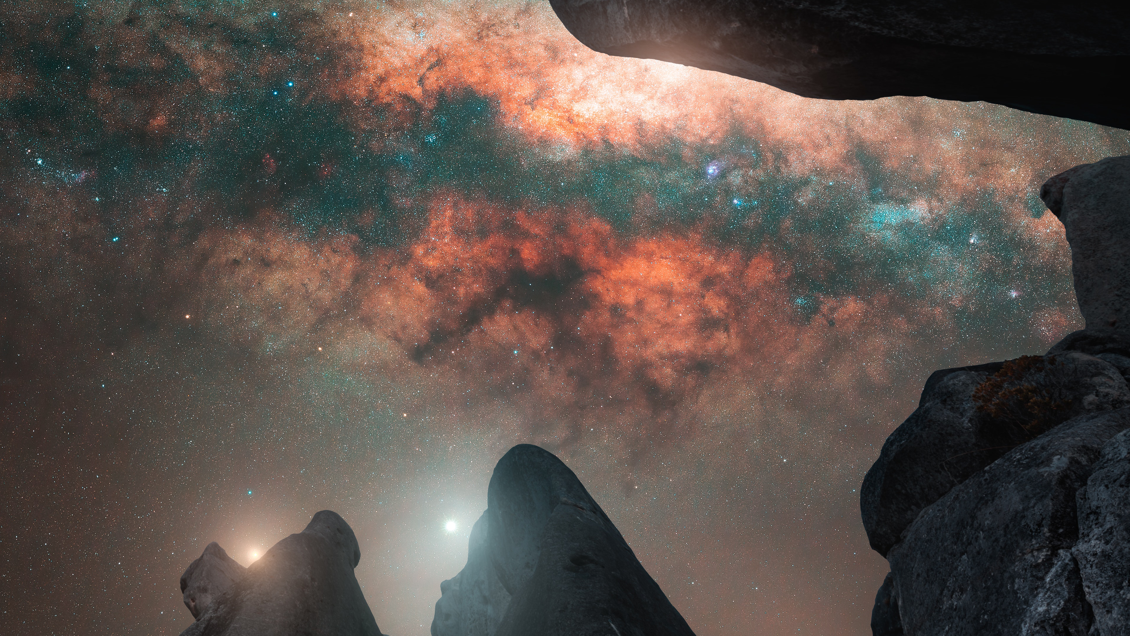 4K Milky Way Galaxy over Rocky Landscape HD Wallpaper