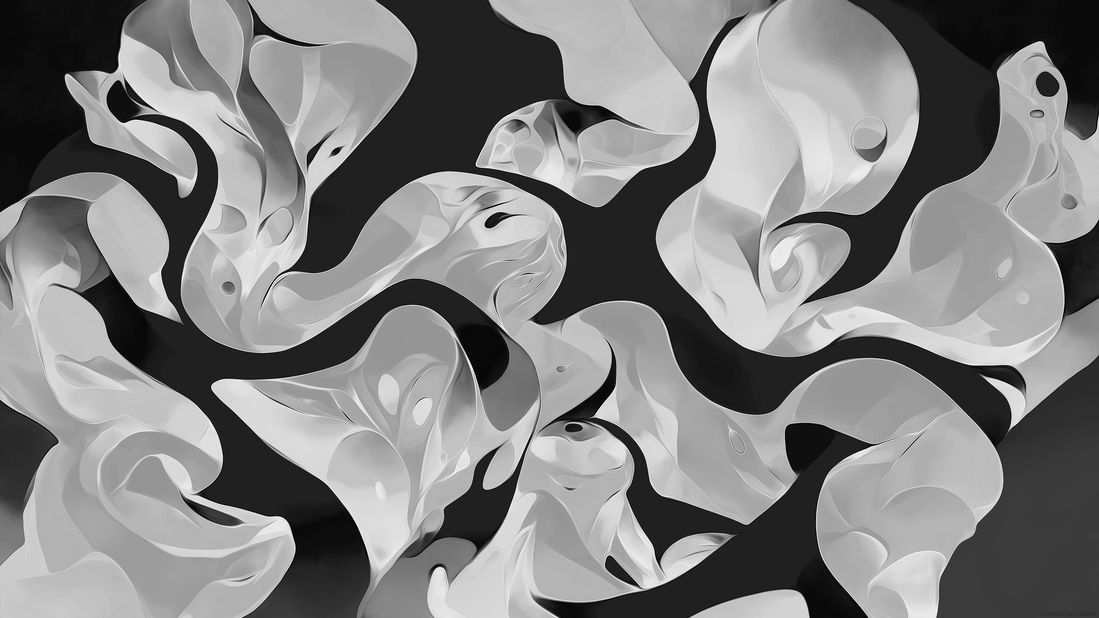 Abstract wavy white shapes on black background HD Wallpaper