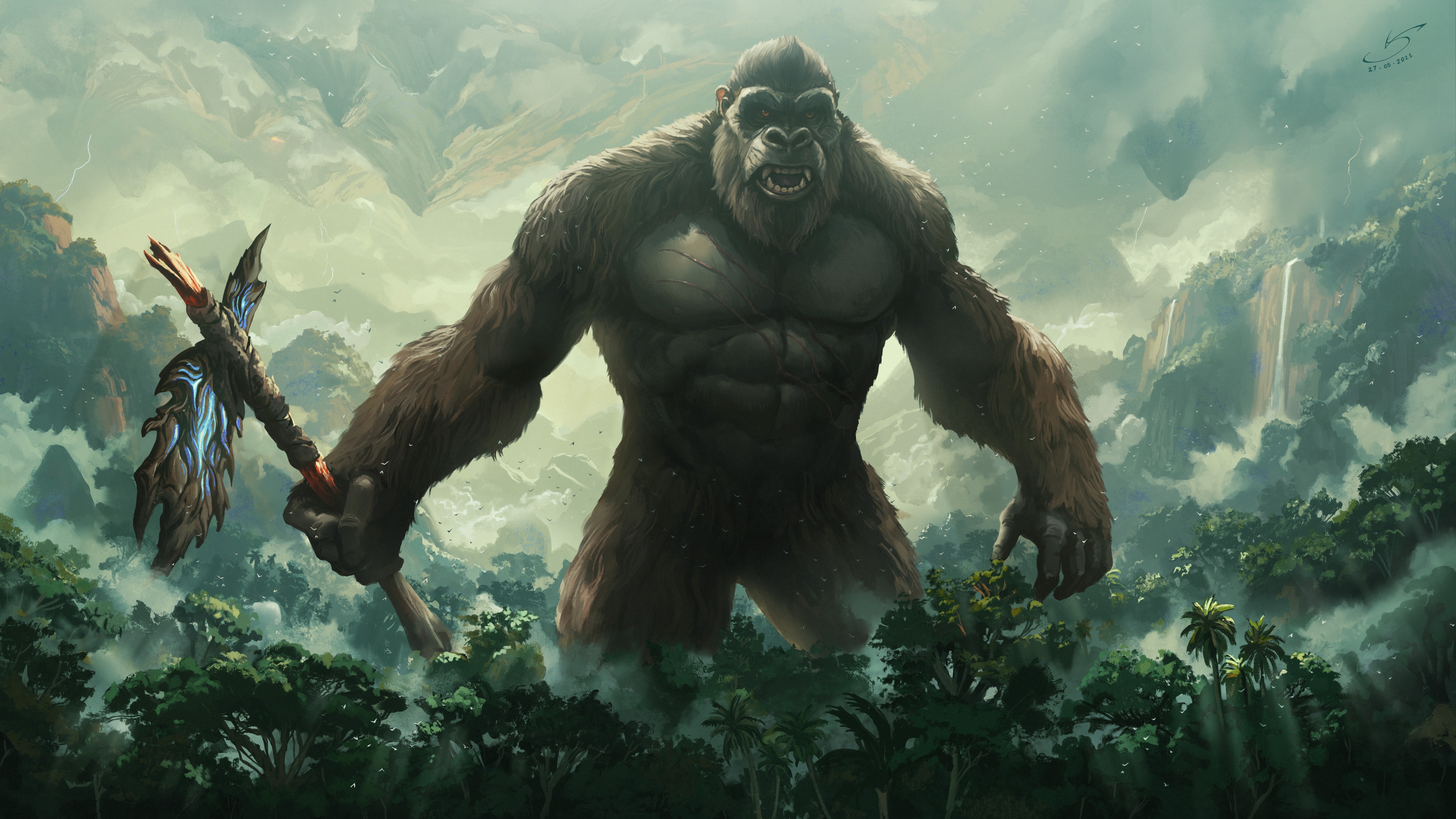 4K King Kong with Axe in Misty Mountains HD Wallpaper