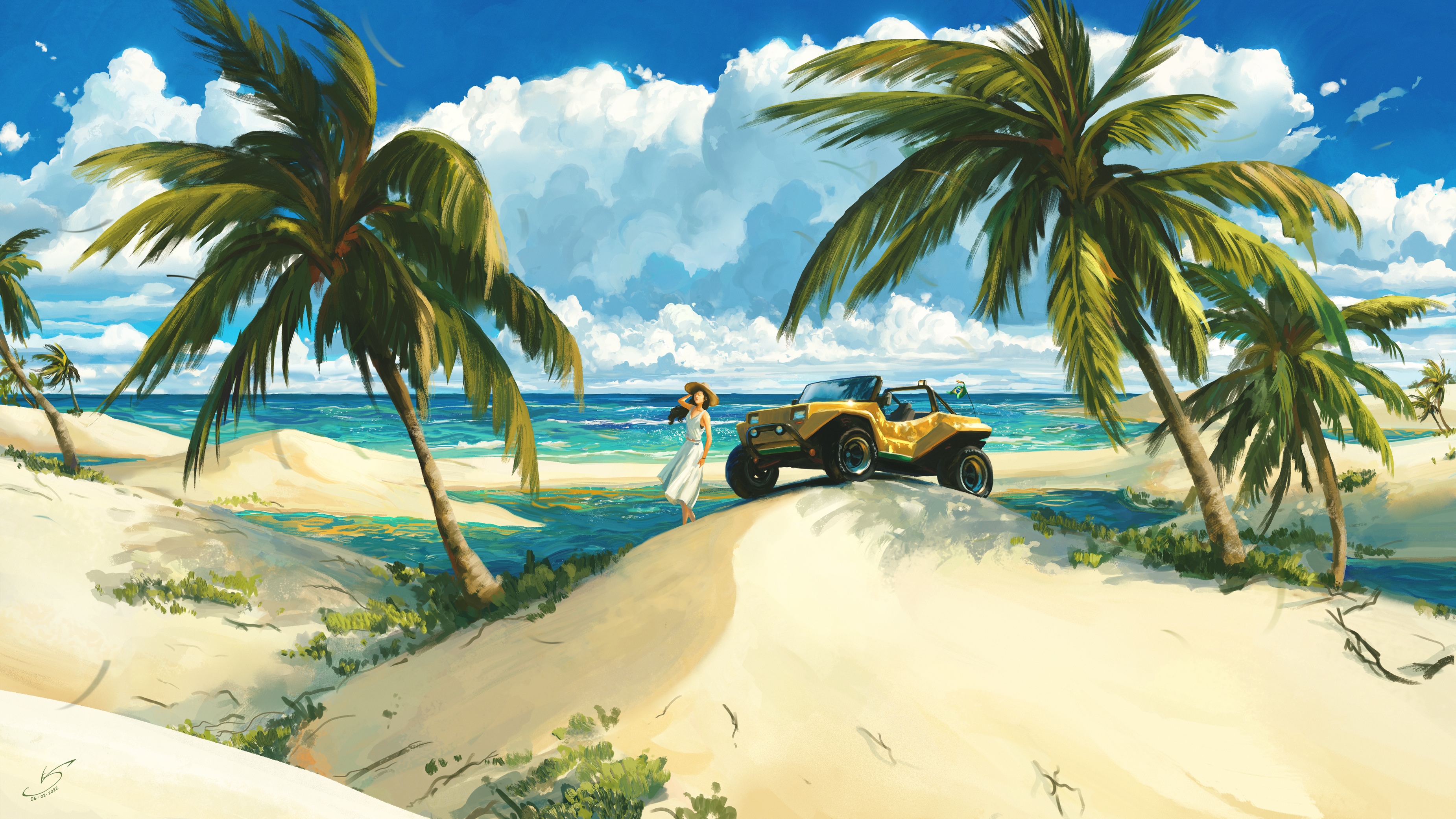 Woman and yellow buggy on a tropical beach with palm trees HD Wallpaper