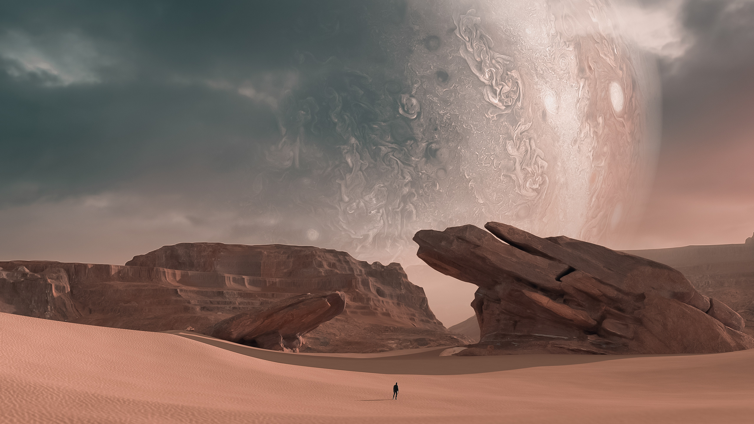 Person walking on sand dunes with Jupiter in the sky HD Wallpaper