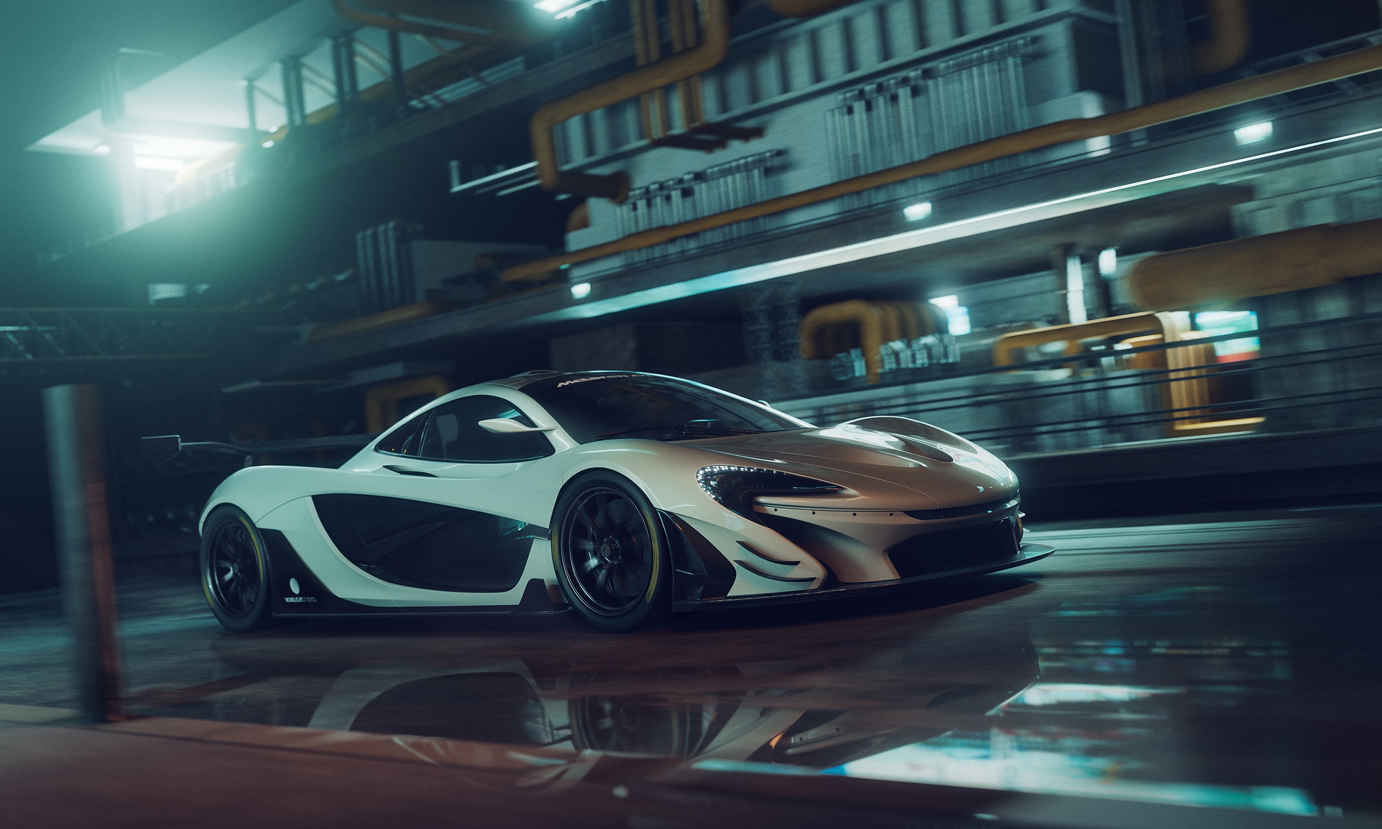 White McLaren P1 driving through industrial area HD Wallpaper