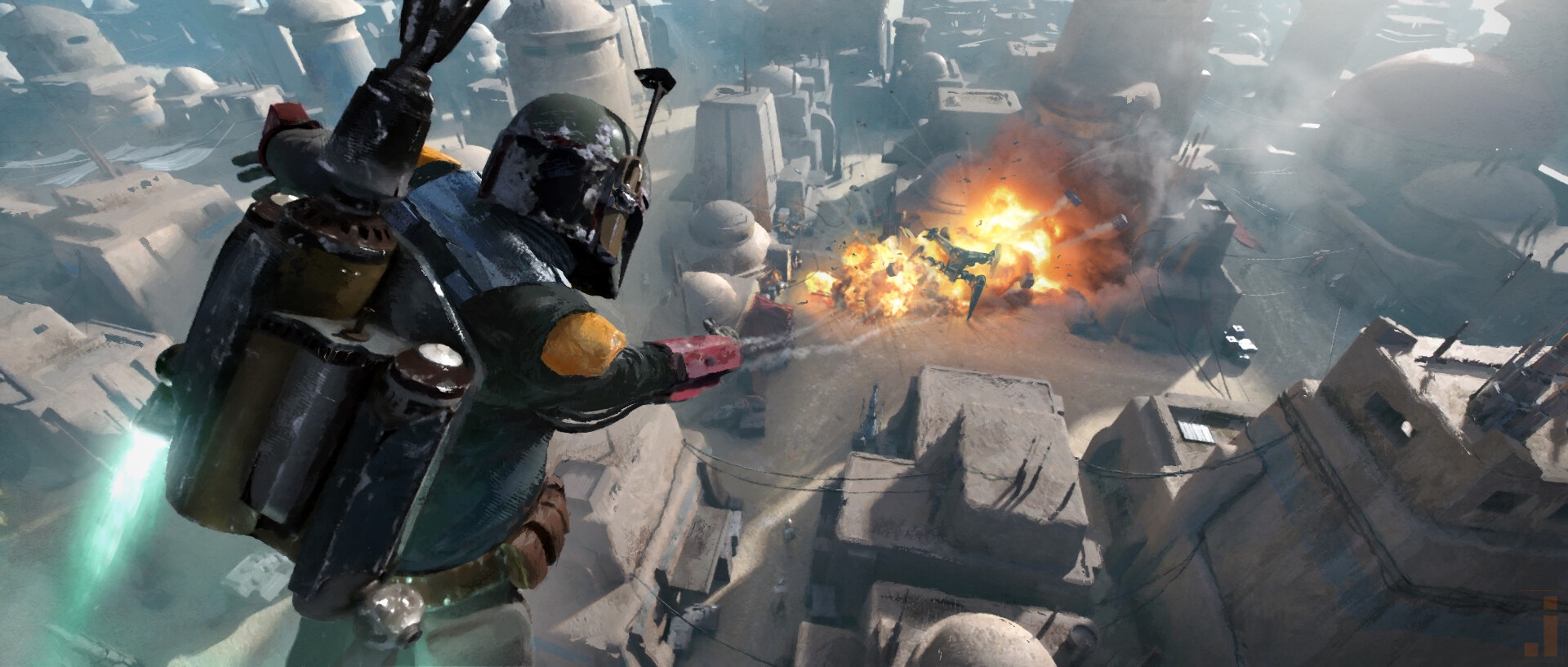 Boba Fett in action over a city HD Wallpaper