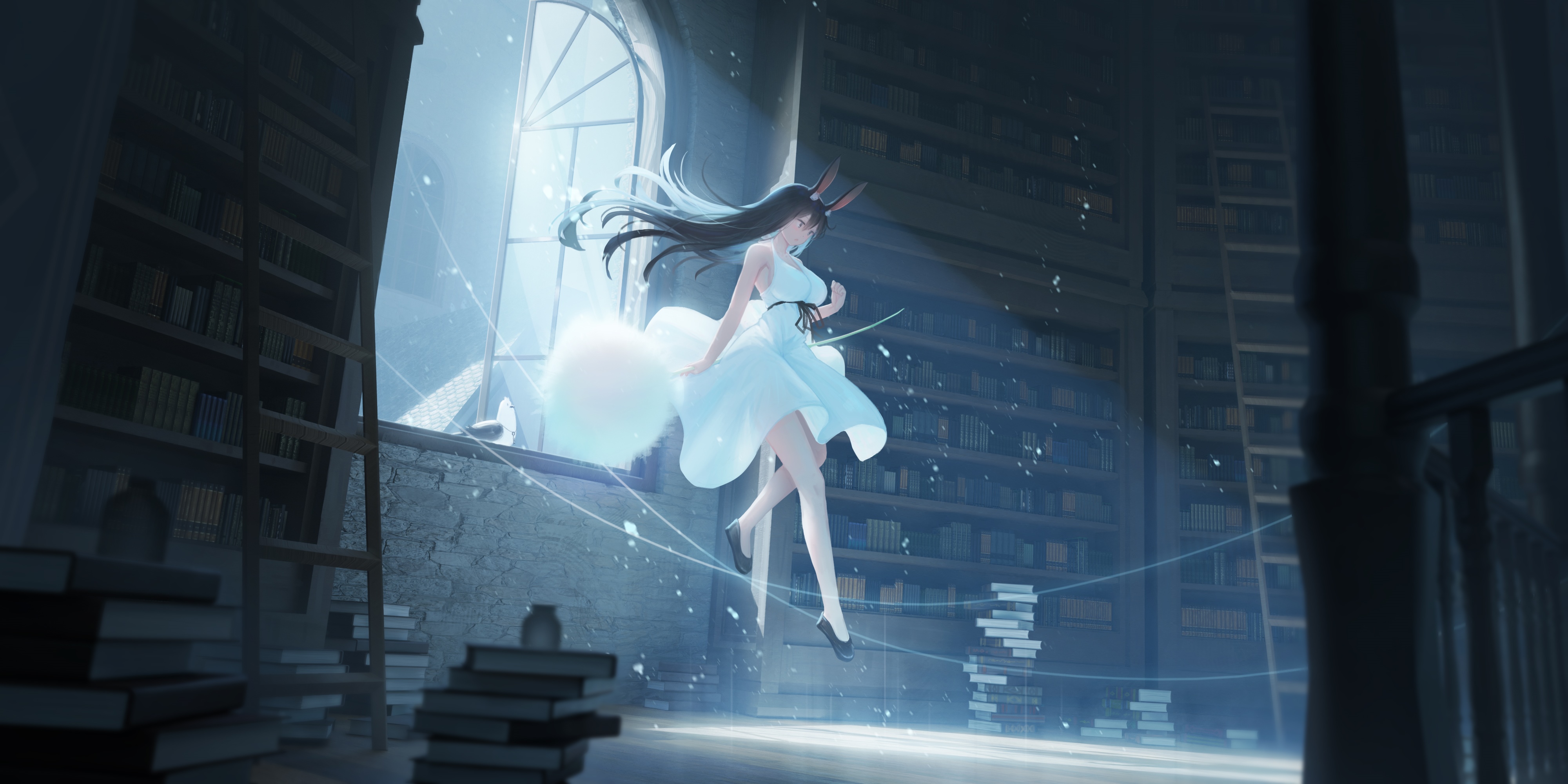 4K Anime Girl with Bunny Ears in Library HD Wallpaper