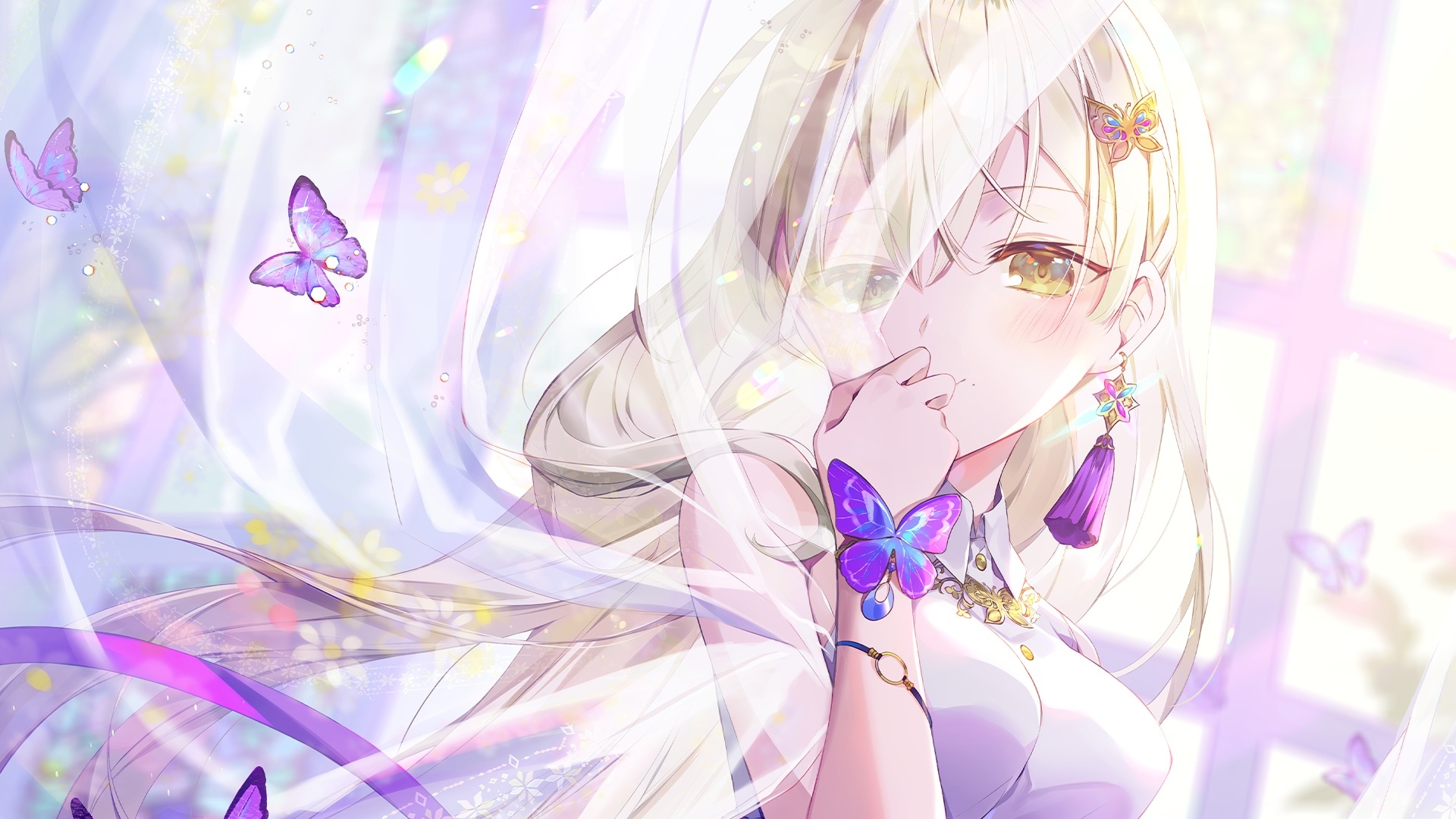 Anime girl with blonde hair and butterflies HD Wallpaper