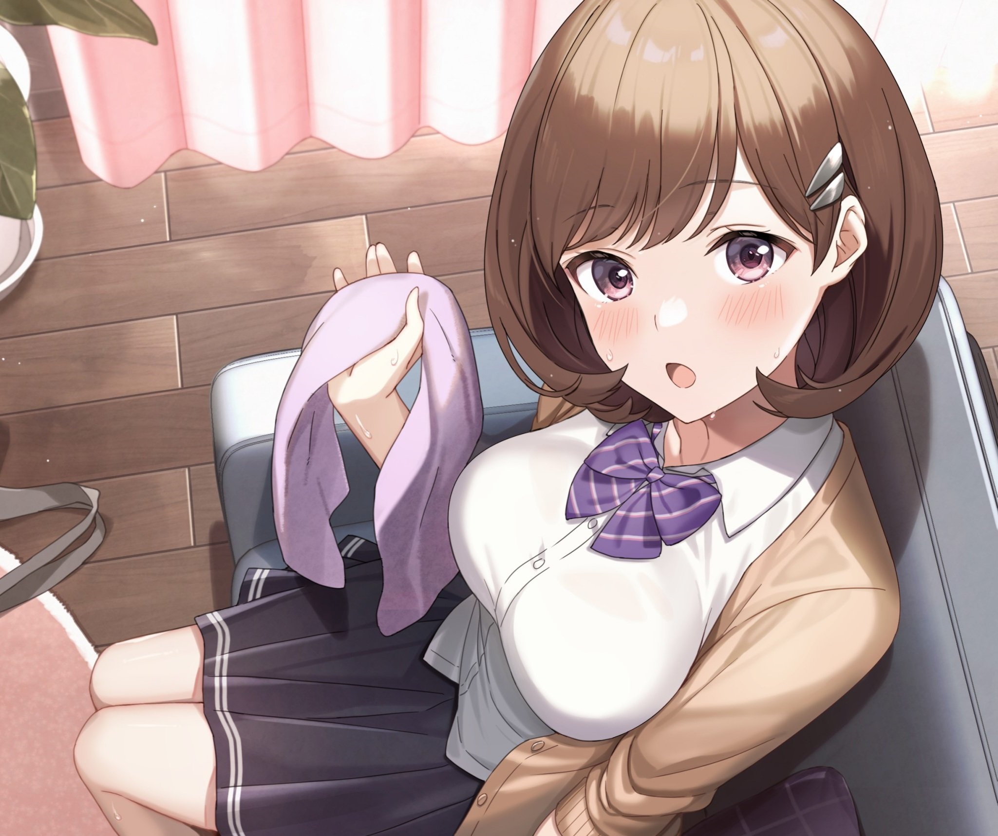 Anime girl in school uniform holding a towel HD Wallpaper