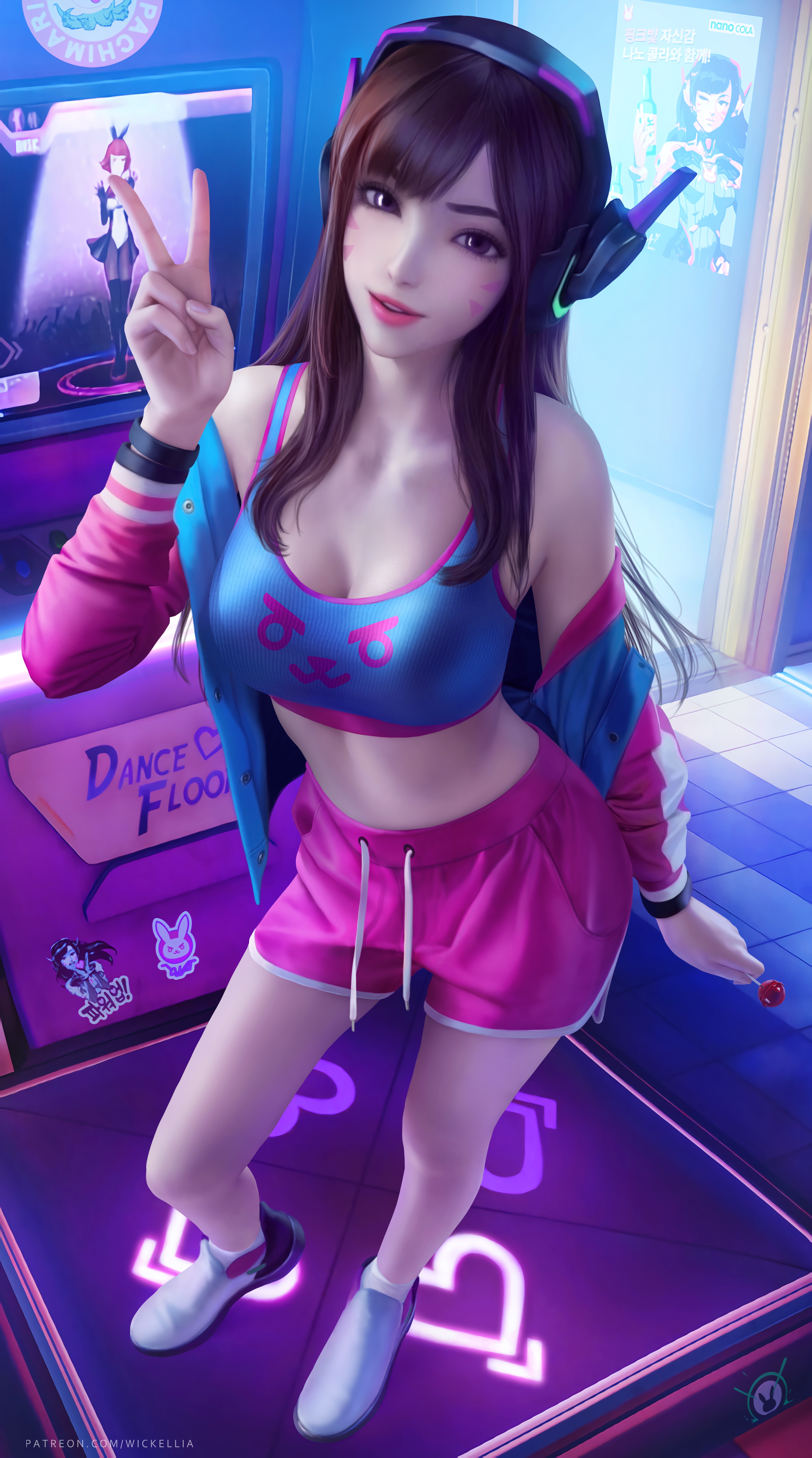 4K fan art of D.Va with headphones and lollipop HD Phone Wallpaper