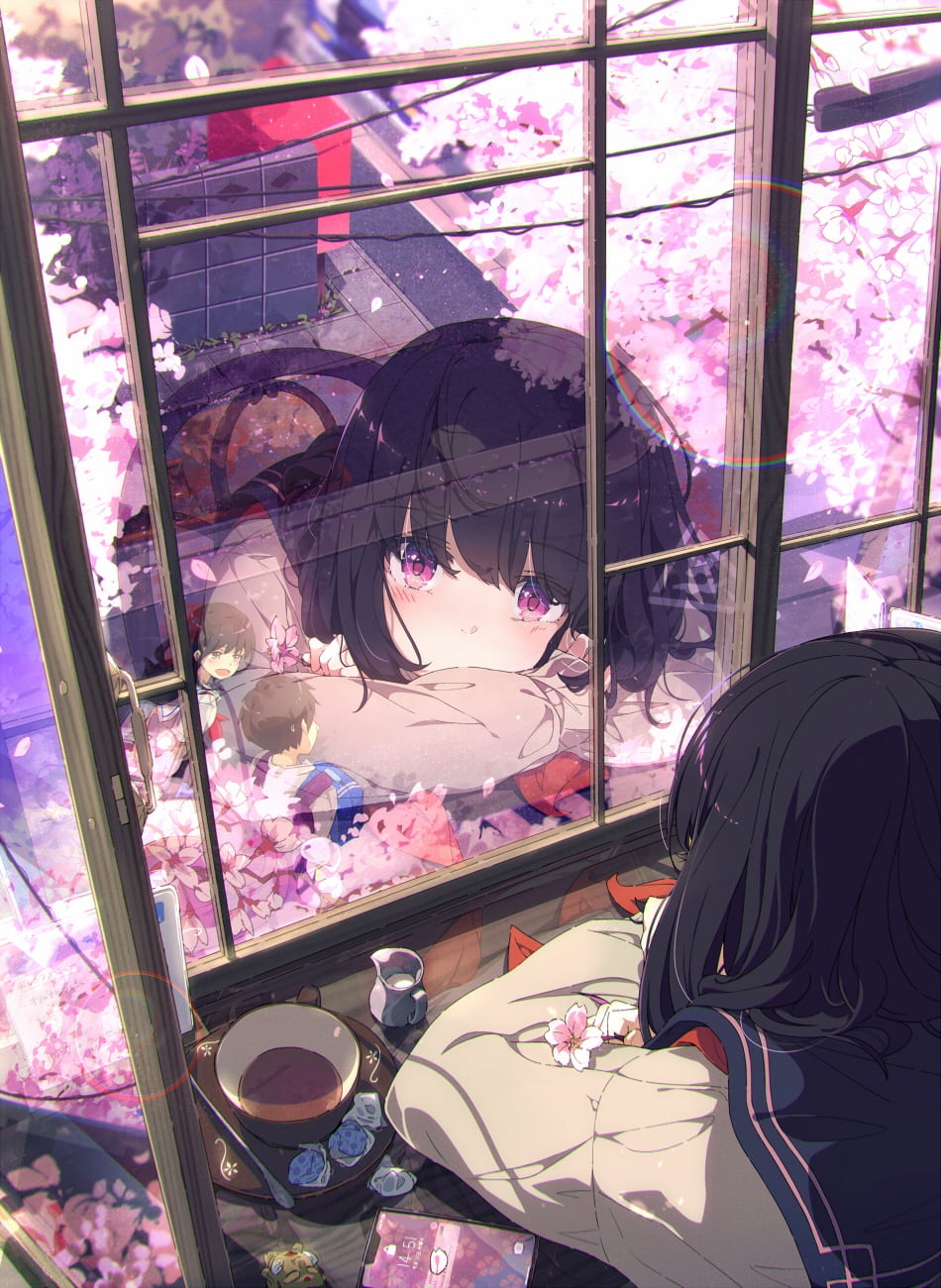 Anime girl looking through a window with cherry blossoms HD Phone Wallpaper