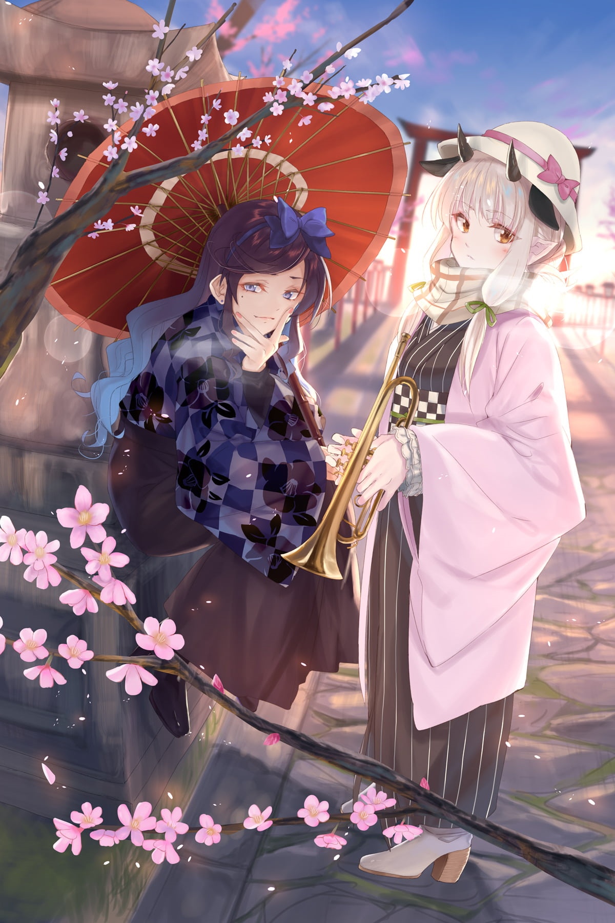 Two anime girls with a trumpet and umbrella under cherry blossoms HD Phone Wallpaper