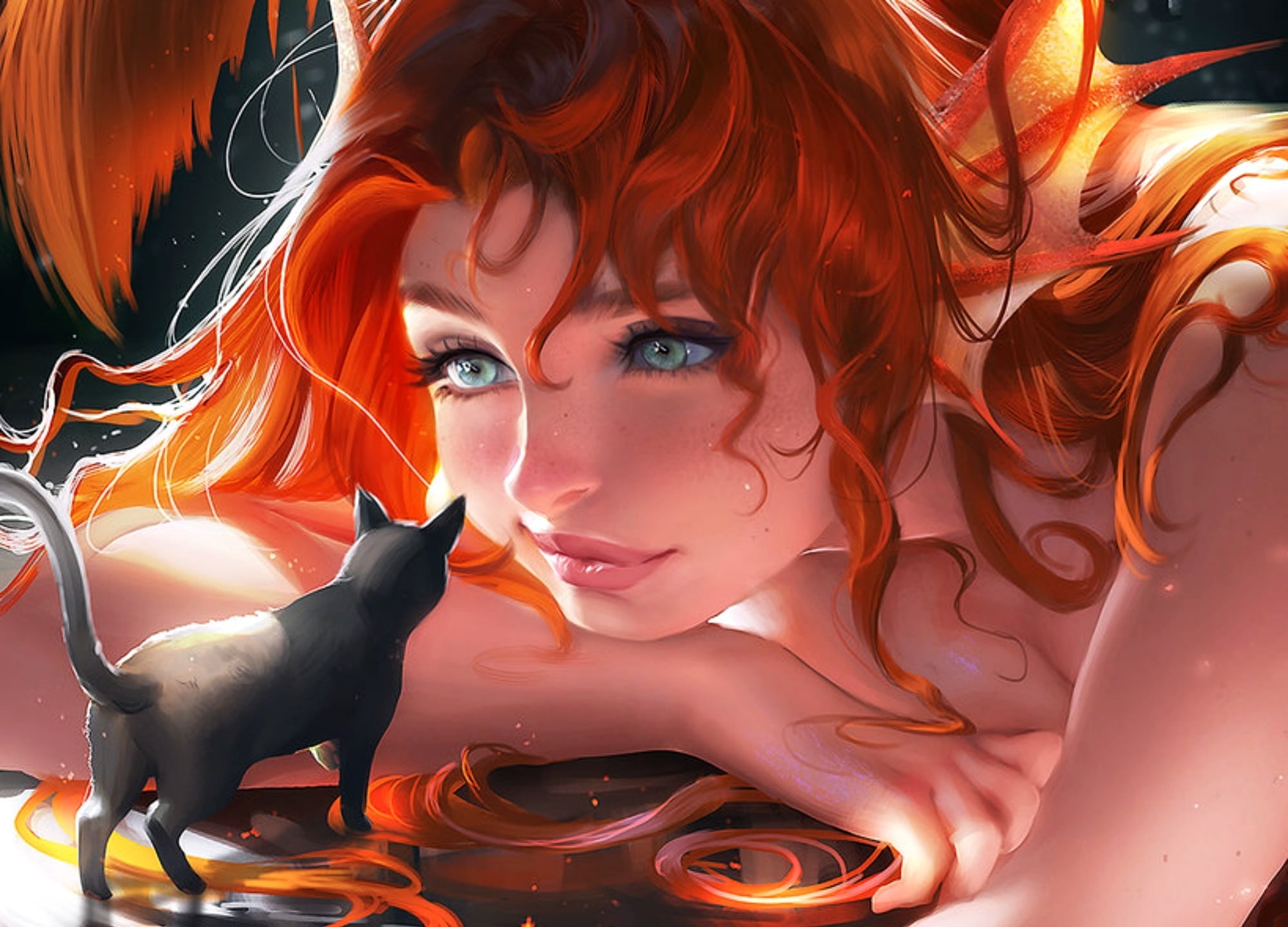 Anime girl with red hair and a black cat HD Wallpaper