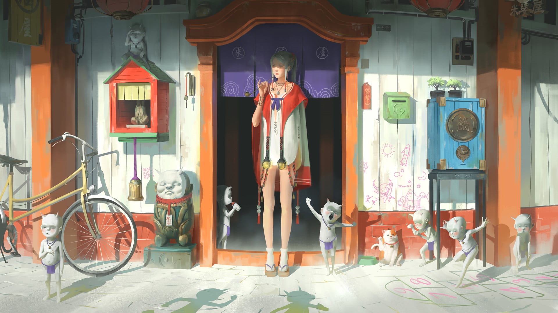 Original characters in a Japanese street scene HD Wallpaper