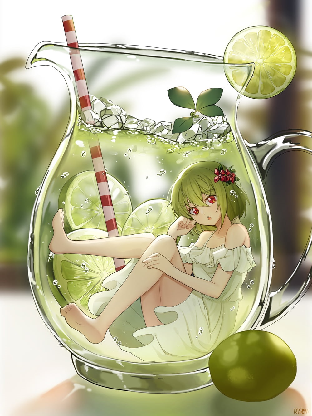 Girl in a pitcher of lemonade with limes HD Phone Wallpaper