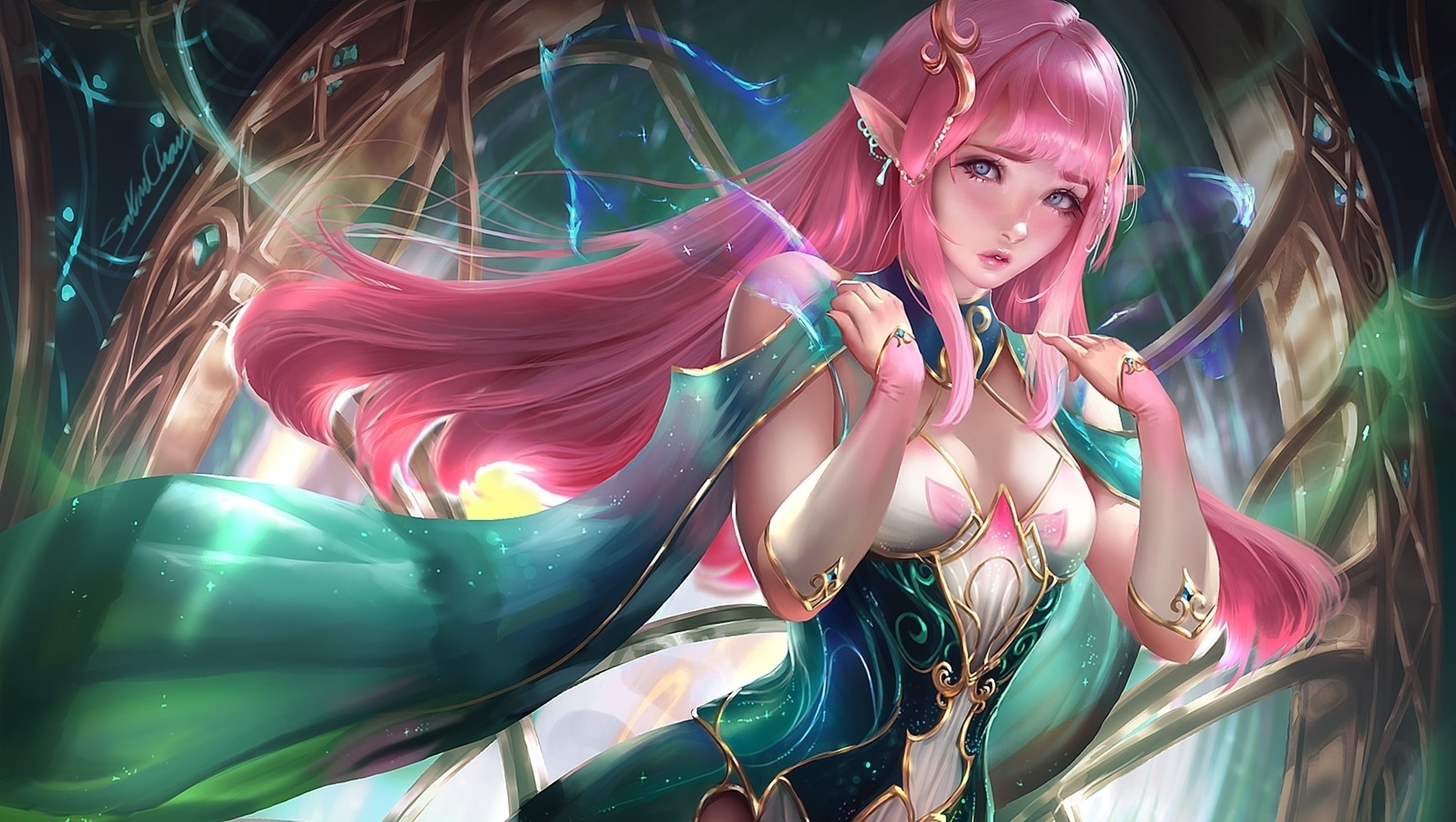 Sakimichan Elf Girl with Pink Hair HD Wallpaper