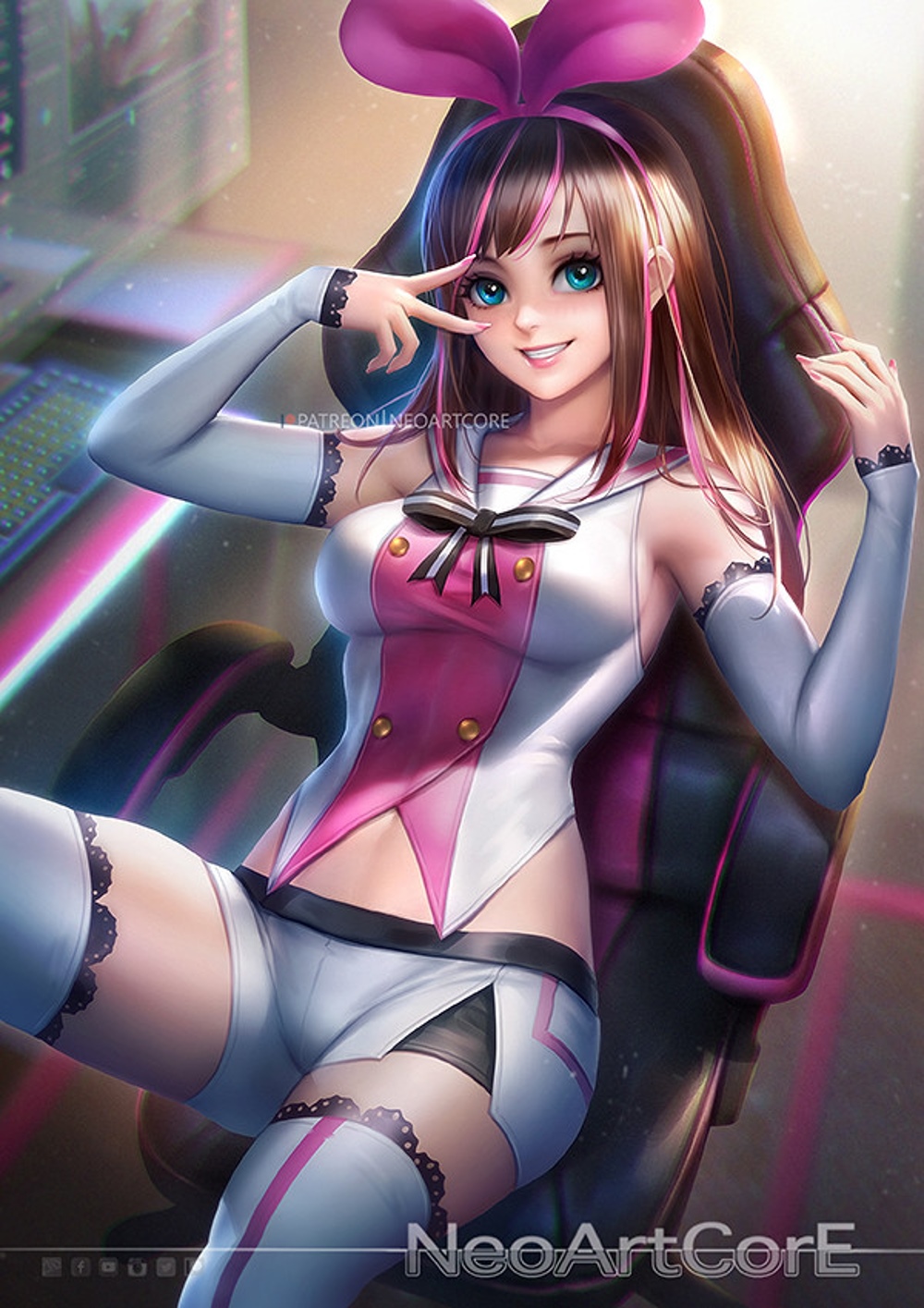 Kizuna Ai in a gamer chair with bunny ears HD Phone Wallpaper