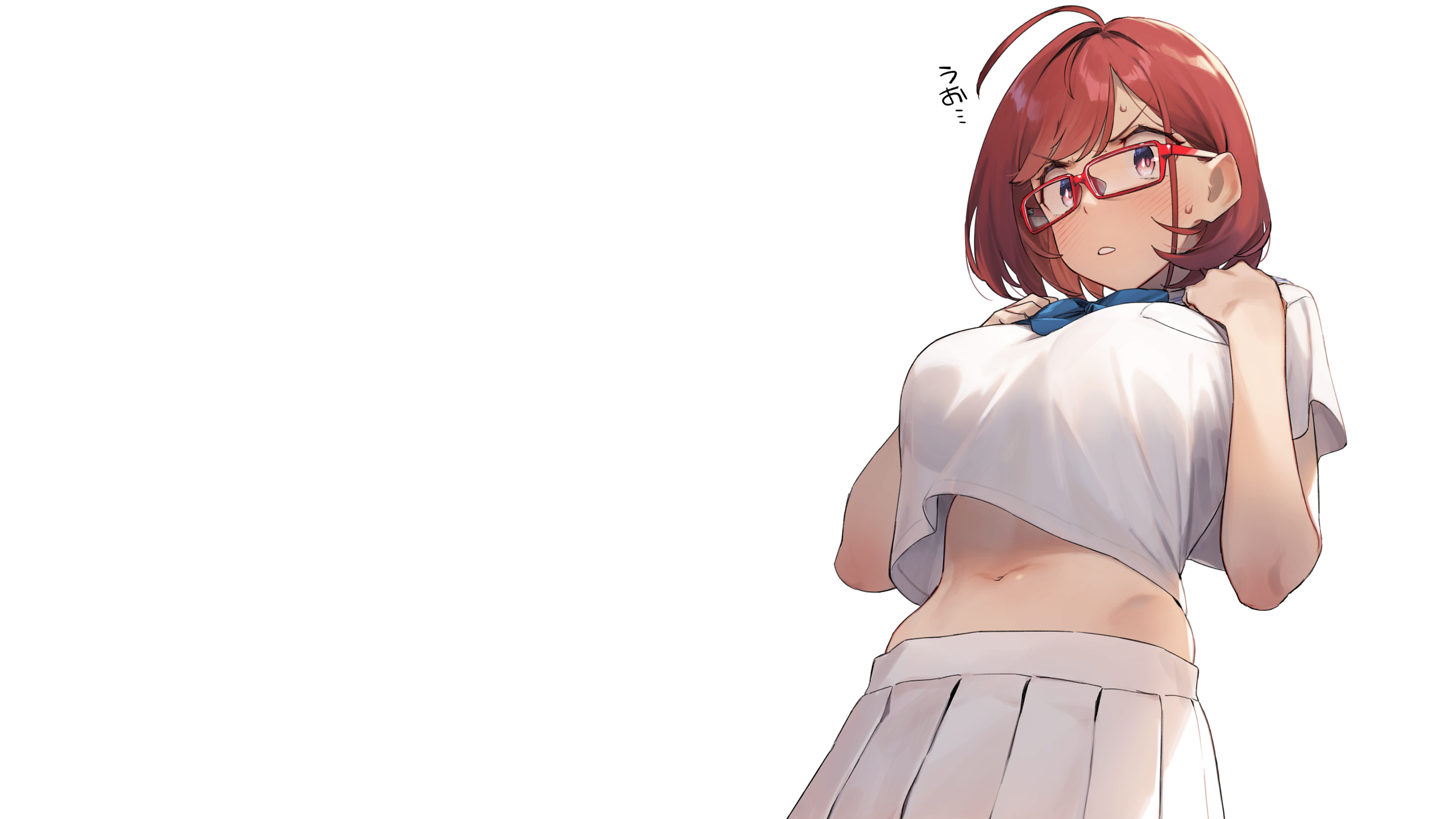 Girl with glasses and red hair wearing a crop top and pleated skirt HD Wallpaper