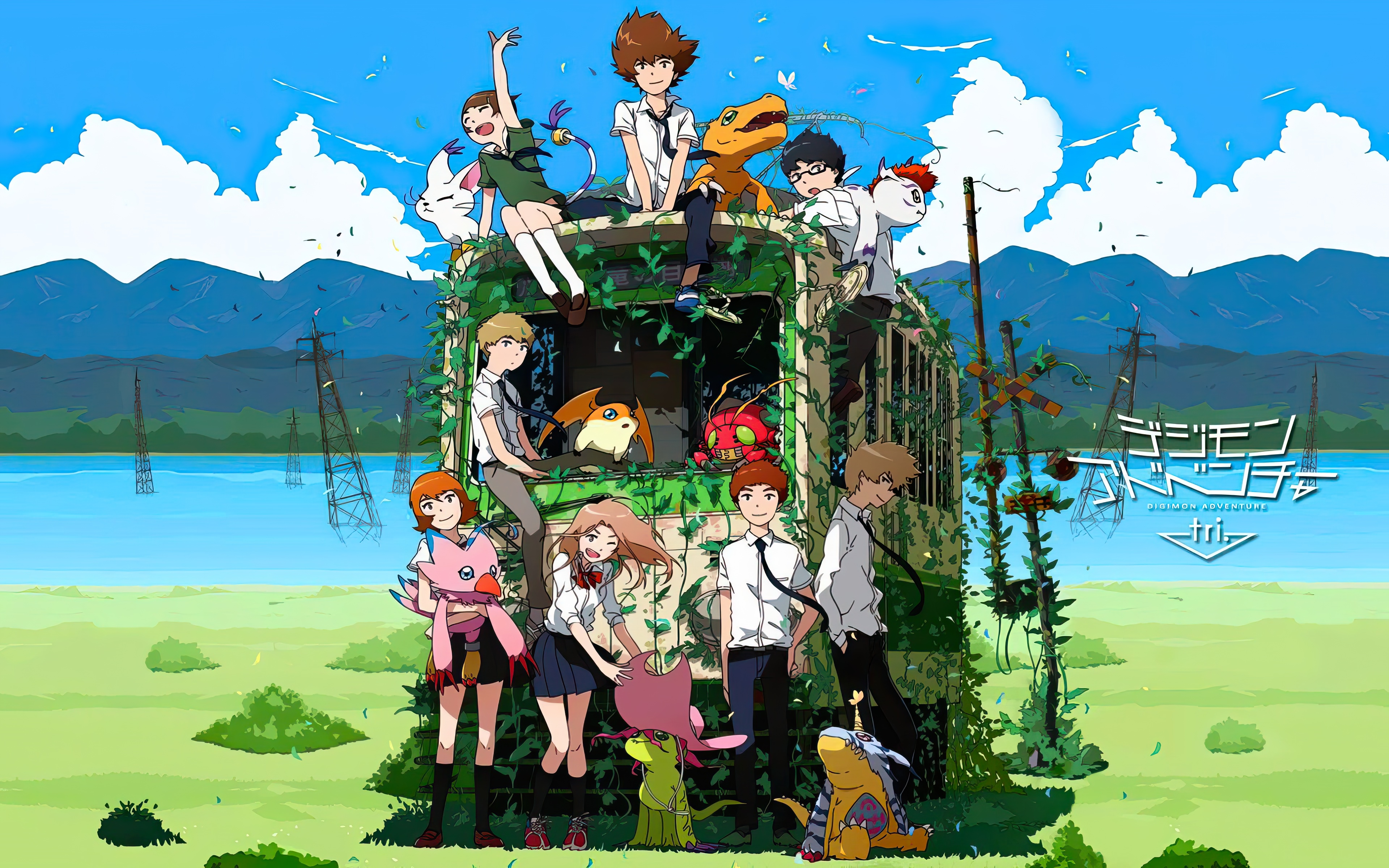 Digimon Adventure Tri. Characters and Digimon on a Train HD Wallpaper