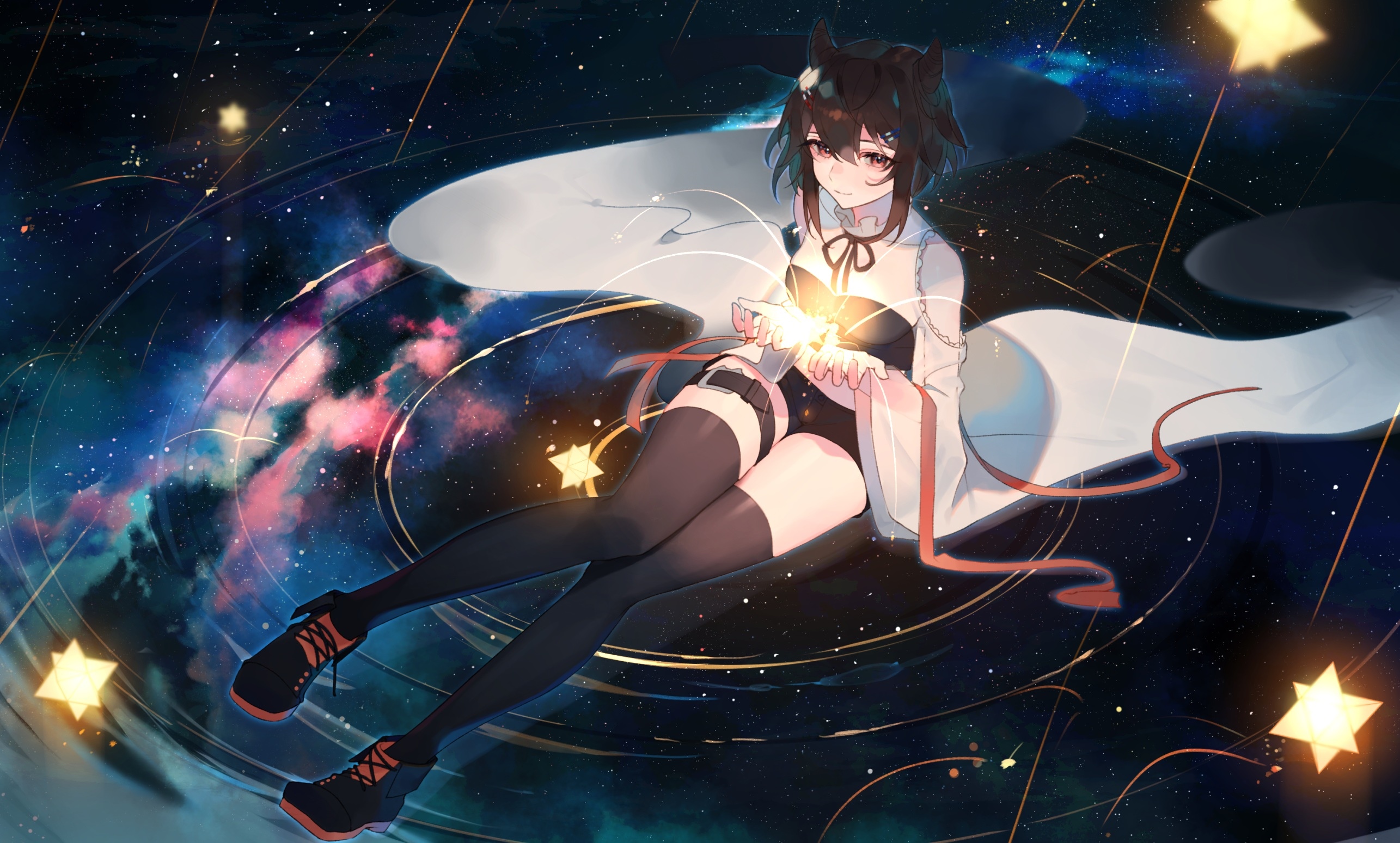 Anime girl with cat ears in starry space HD Wallpaper