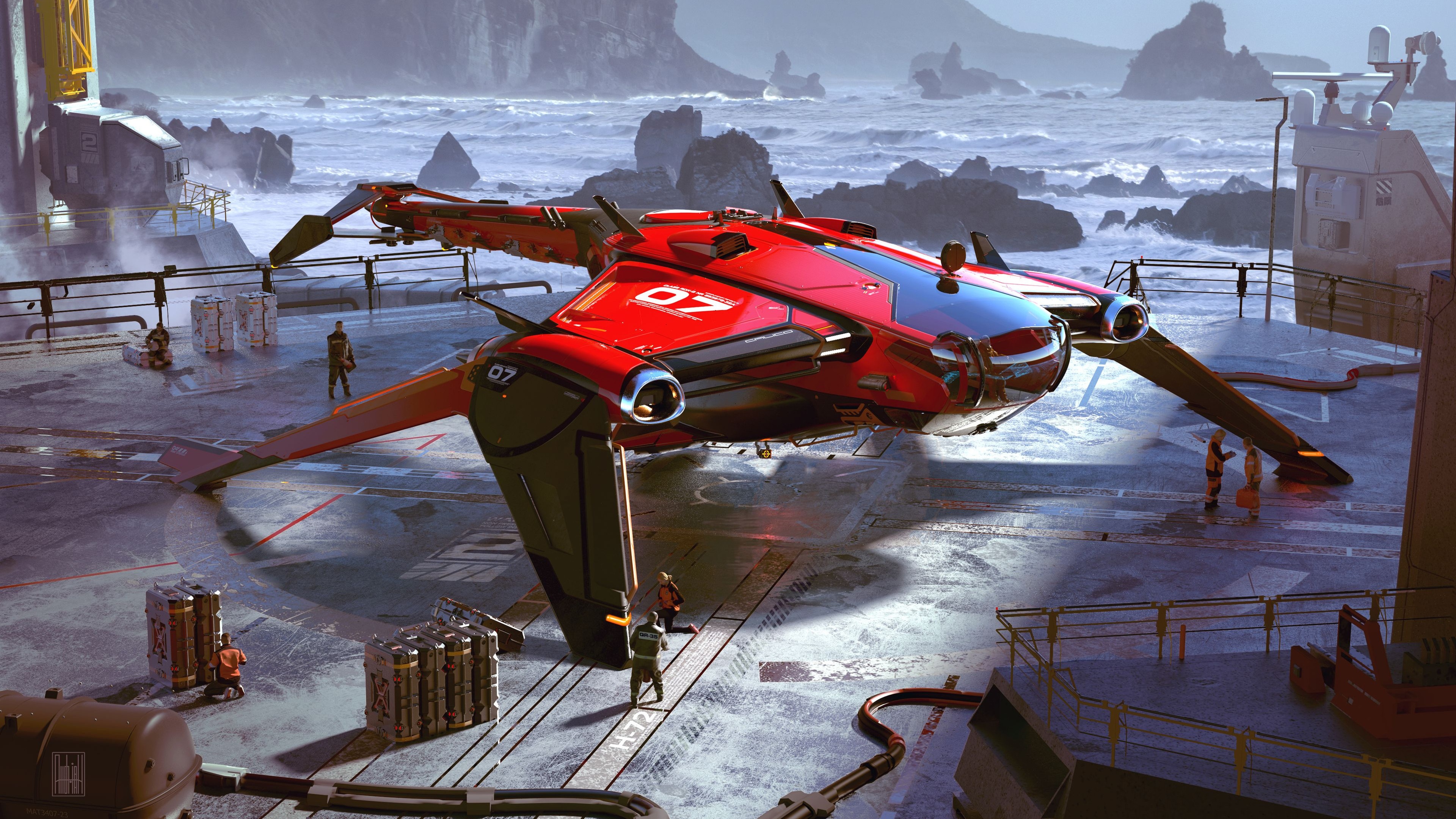 Red science fiction spaceship on a dockyard by the sea HD Wallpaper