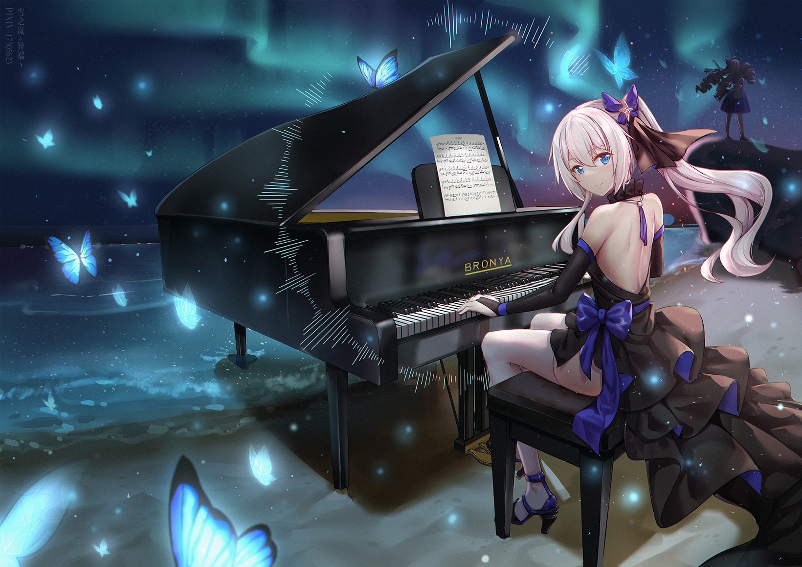 Bronya Zaychik playing piano with butterflies and aurora HD Wallpaper