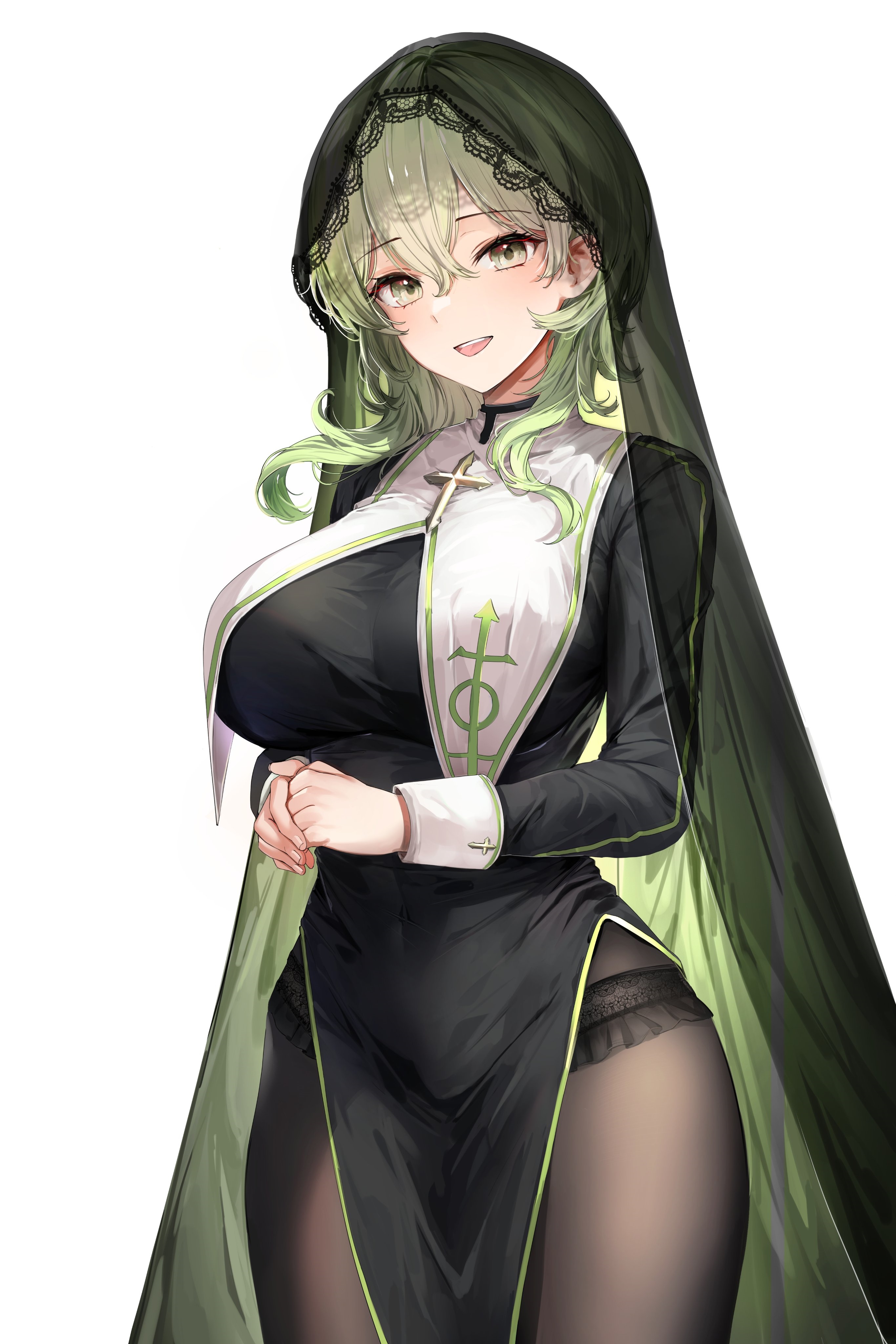 Nun with green hair and nun outfit HD Phone Wallpaper