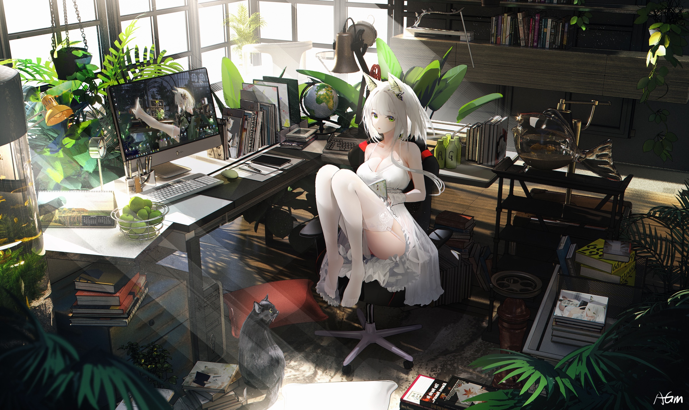 Kaltsit from Arknights in a room with plants and a cat HD Wallpaper