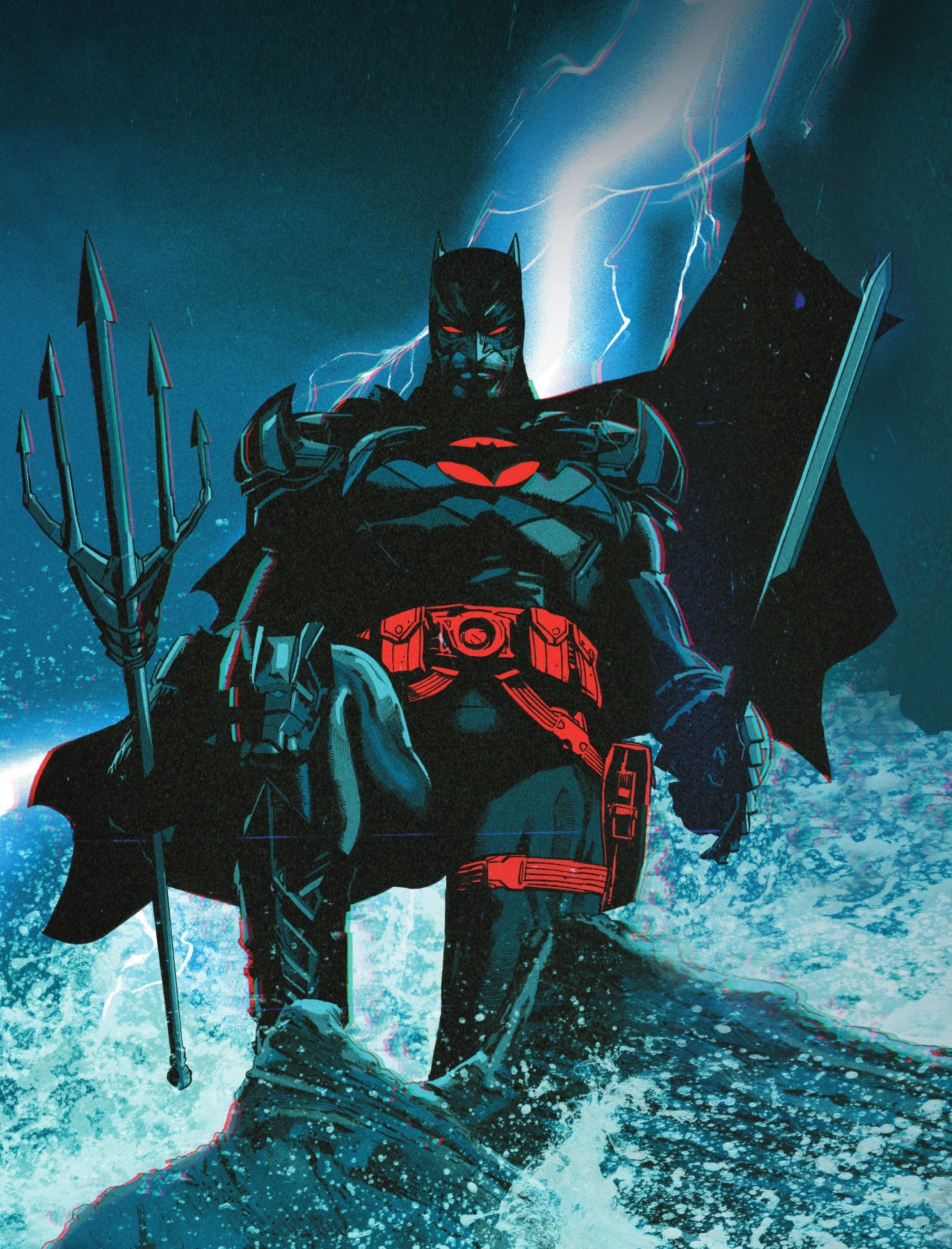 Batman with Trident and Sword in Storm HD Phone Wallpaper