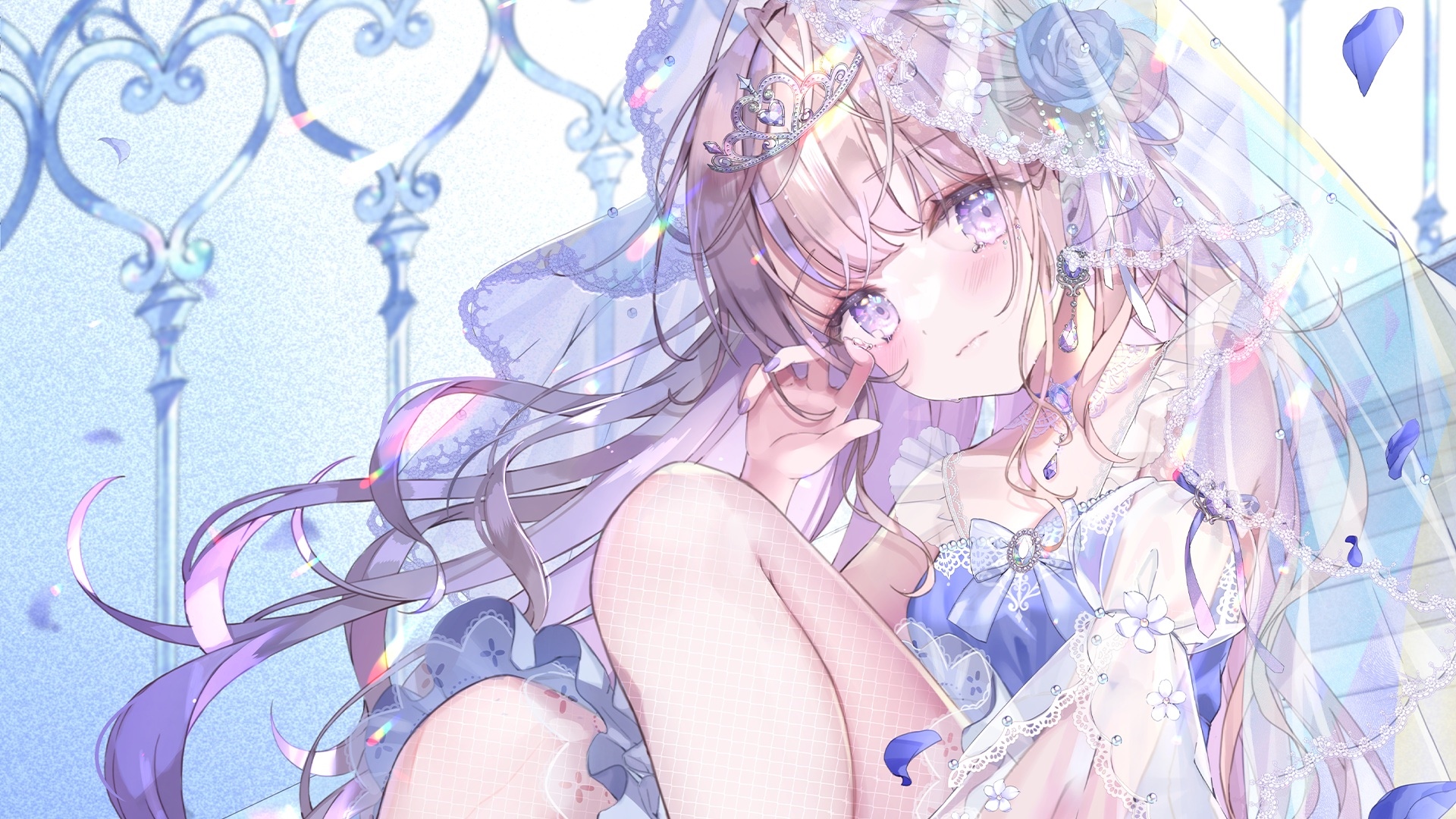 Anime girl in a blue dress with a veil HD Wallpaper