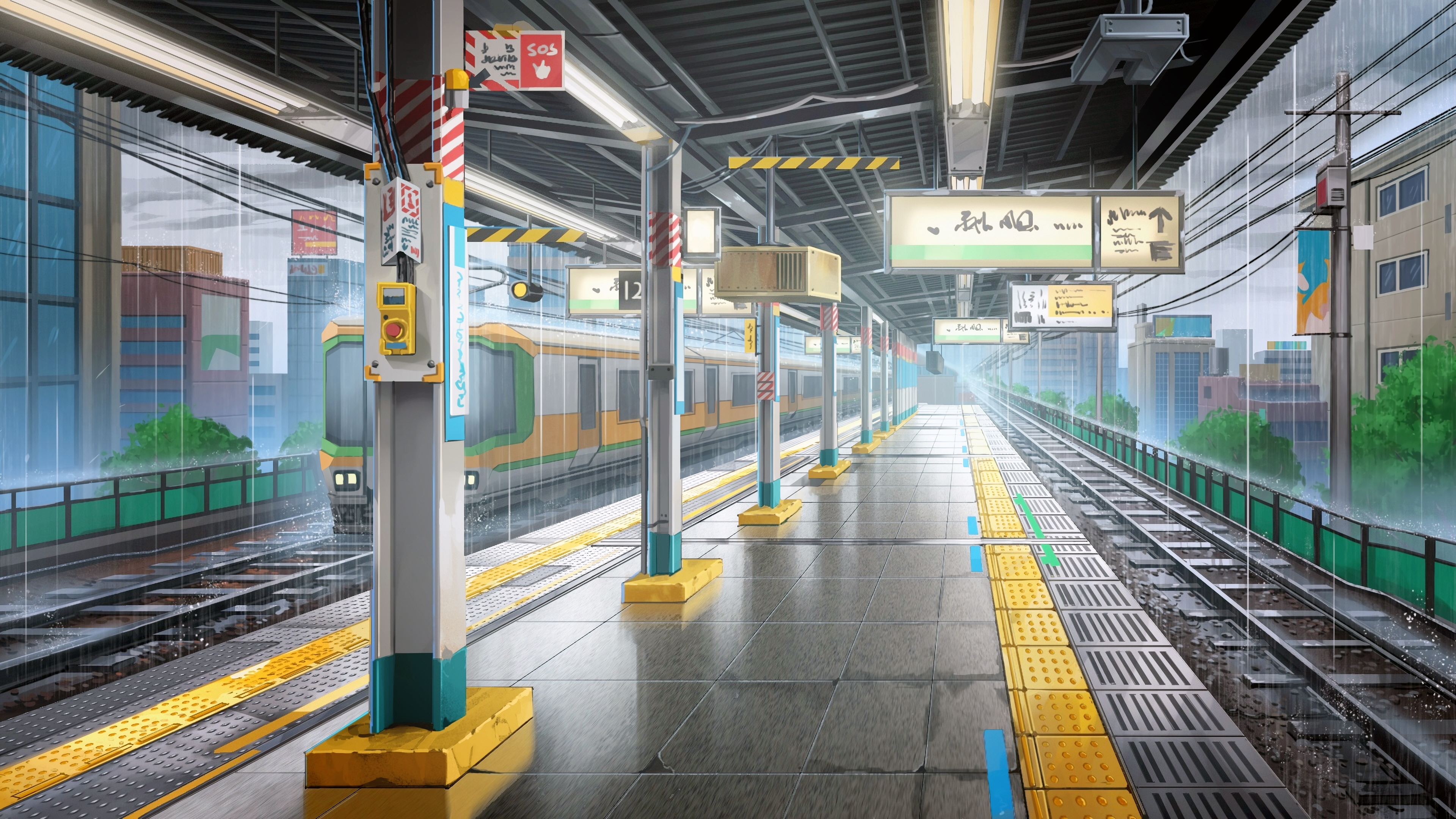 4K train station in the rain HD Wallpaper