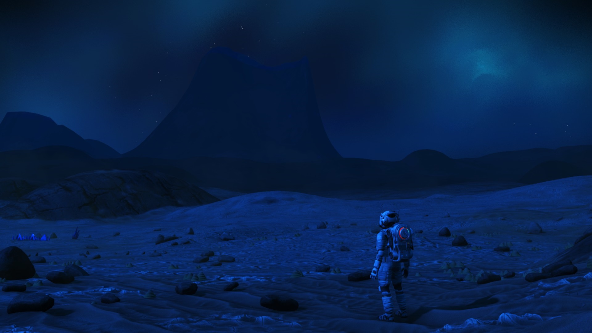 Astronaut on an alien planet at night in No Man's Sky HD Wallpaper