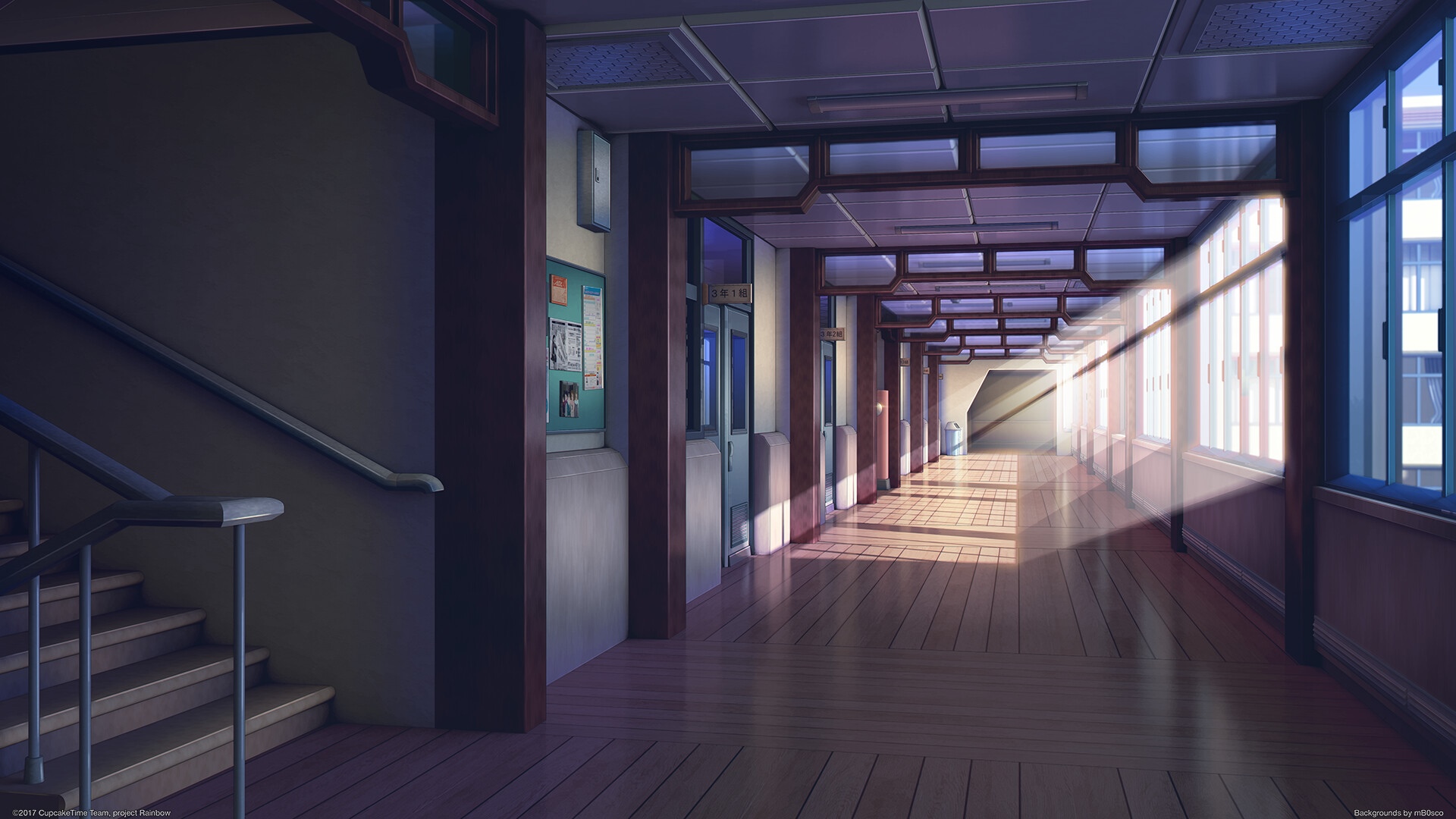 School hallway with sunlight streaming through windows HD Wallpaper