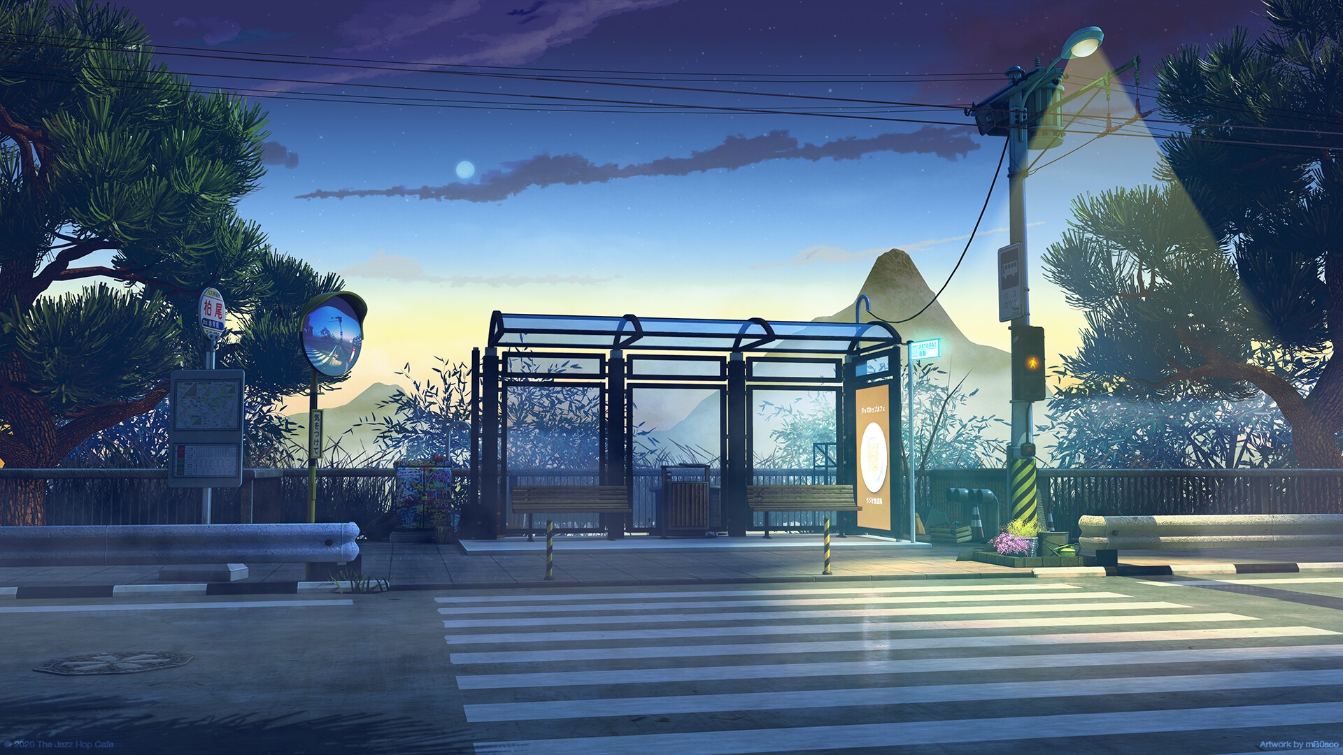 Anime bus stop in Japan at sunset HD Wallpaper