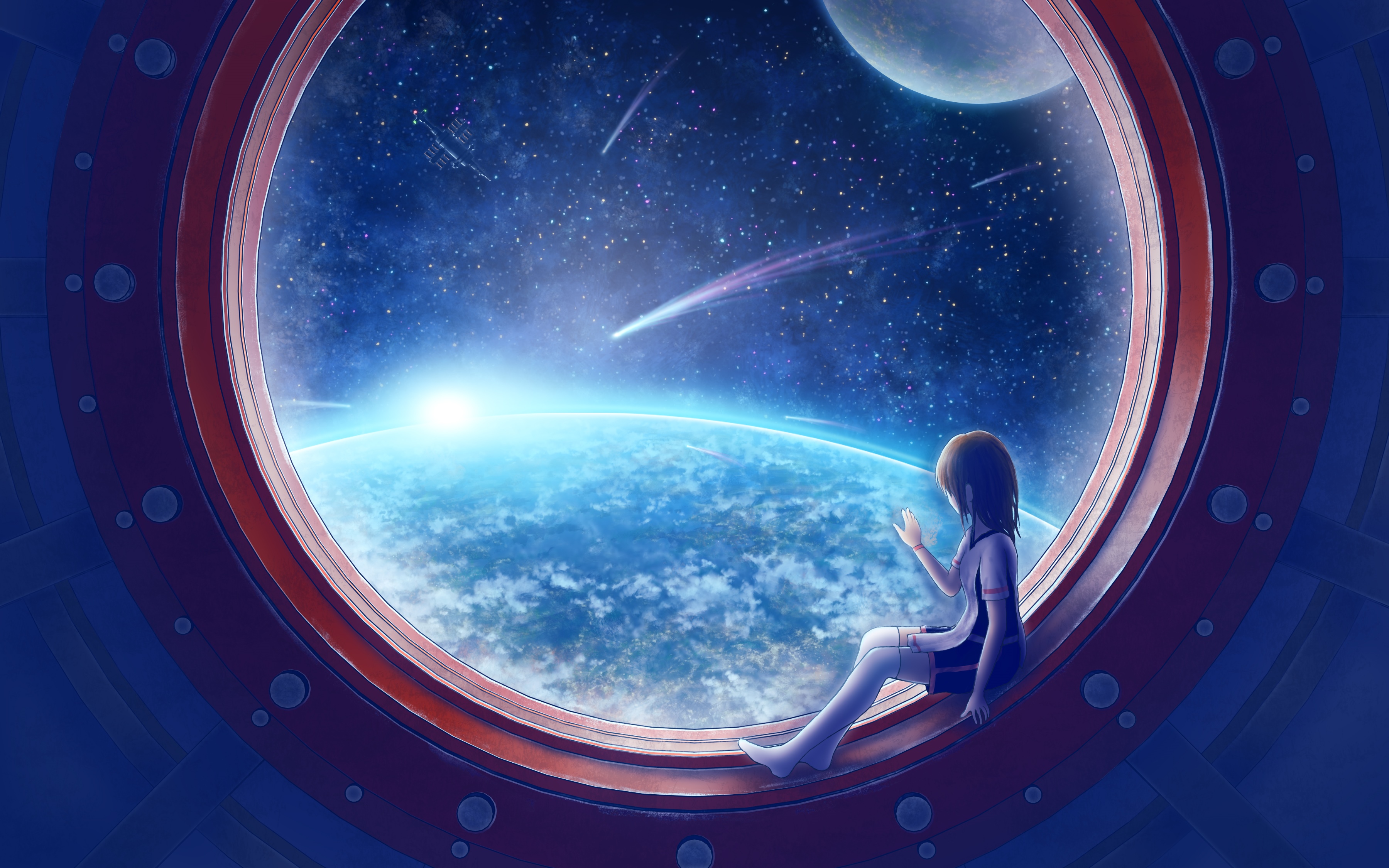 Girl looking out a spaceship window at Earth and stars HD Wallpaper