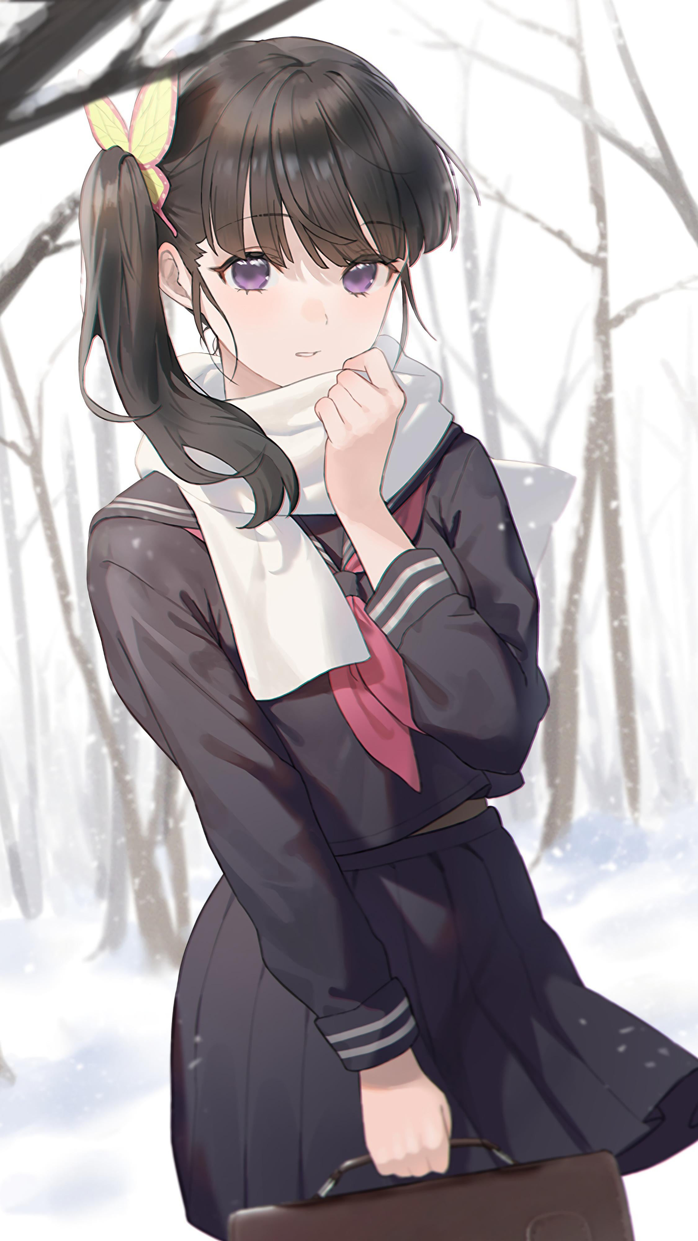 Kanao Tsuyuri in a winter forest HD Phone Wallpaper